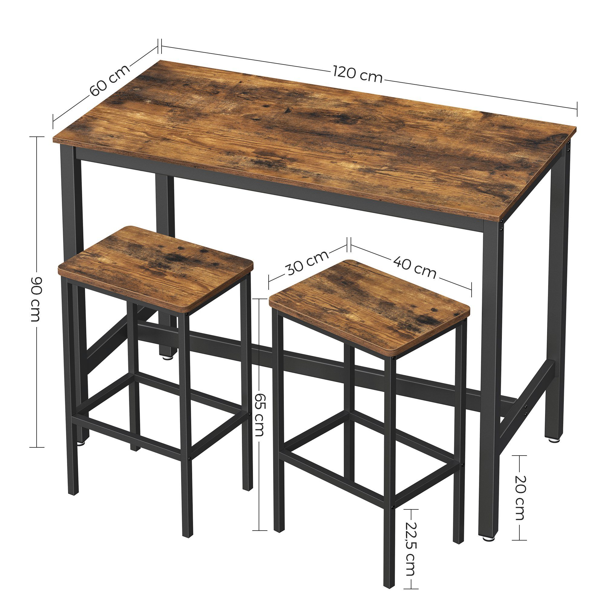 VASAGLE Bartisch Bartisch-Set, Esstisch(120 x 60 x 90 cm) mit 2 Barhochern