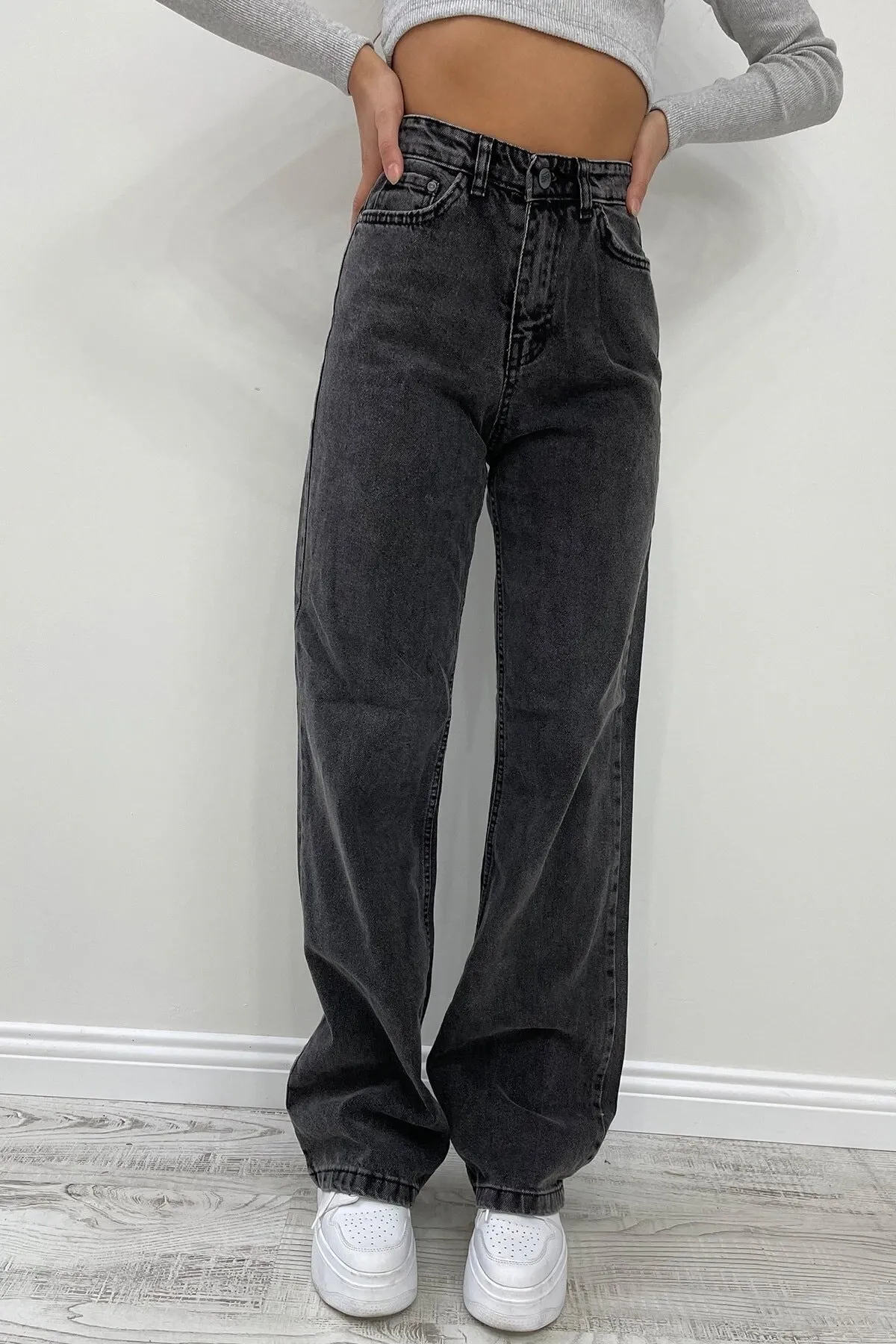 Trn JNS  Hooden Lycra Damen-Jeans, geräuchert, Snow Wash, superhohe Taille, lockeres Bein, Denim-Jeans, lockere Hose