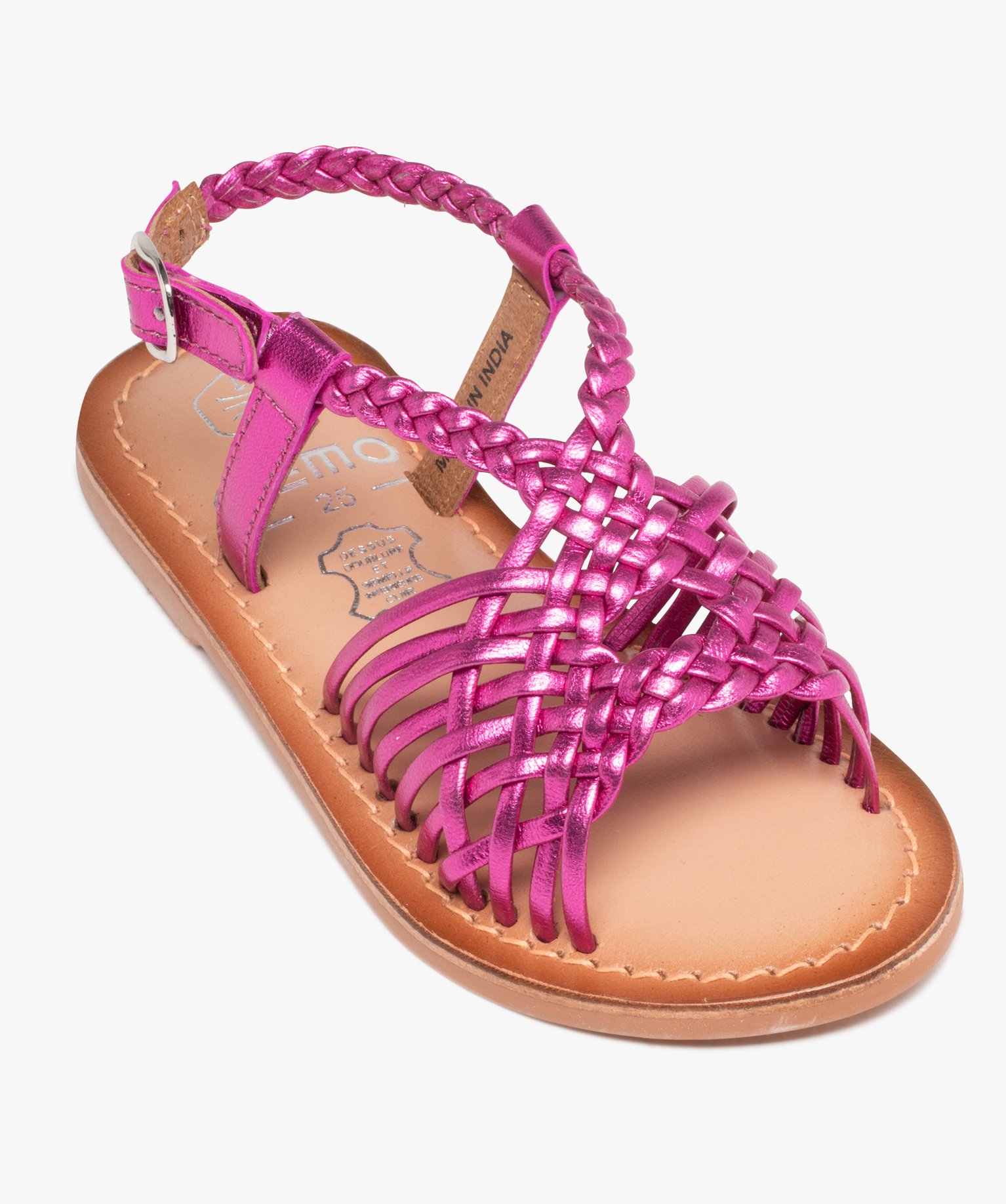 Sandales fille à fines brides en cuir tressées métallisées rose | GEMO