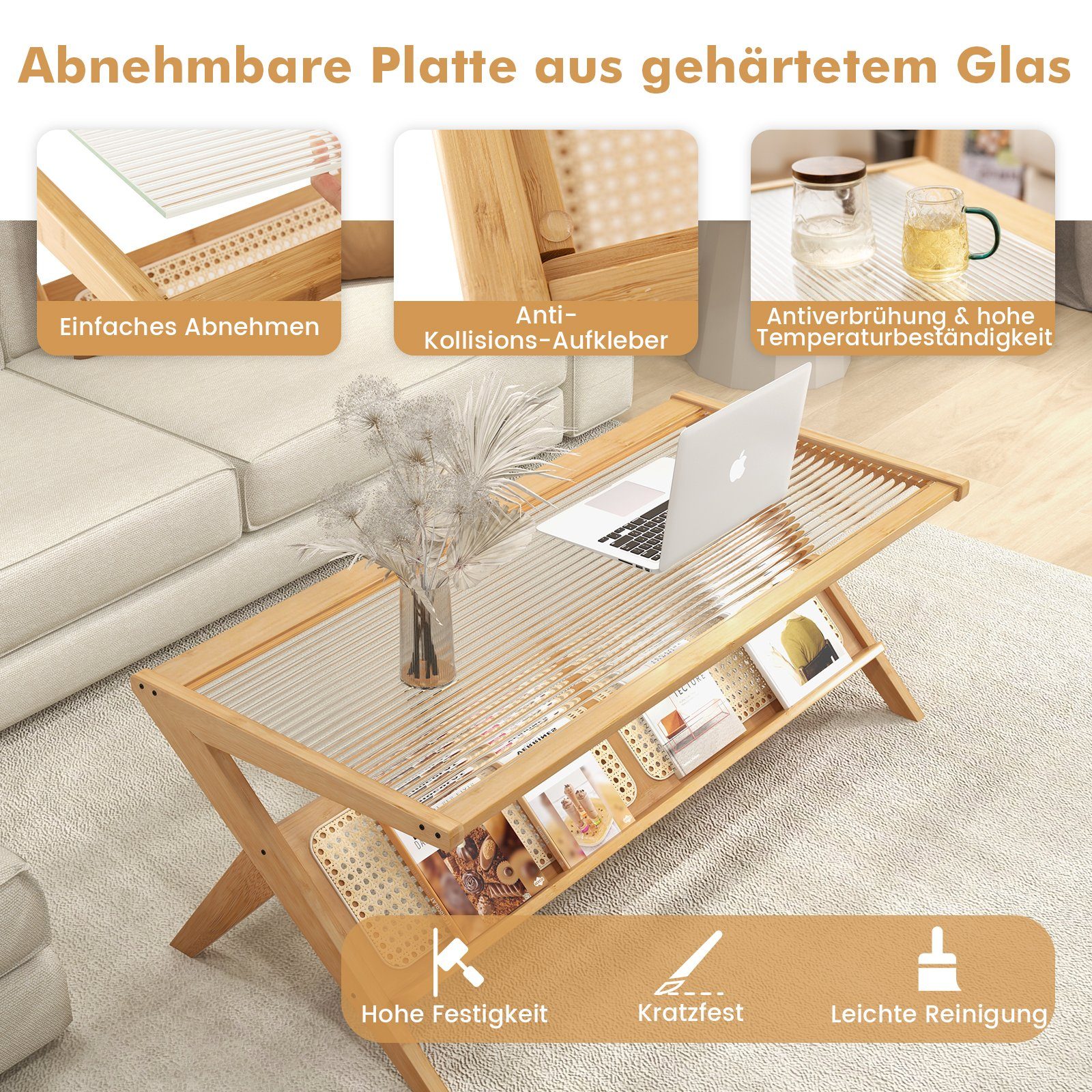 COSTWAY Couchtisch, mit Glastischplatte&Rattan-Ablagefach, Bambus, rechteckig