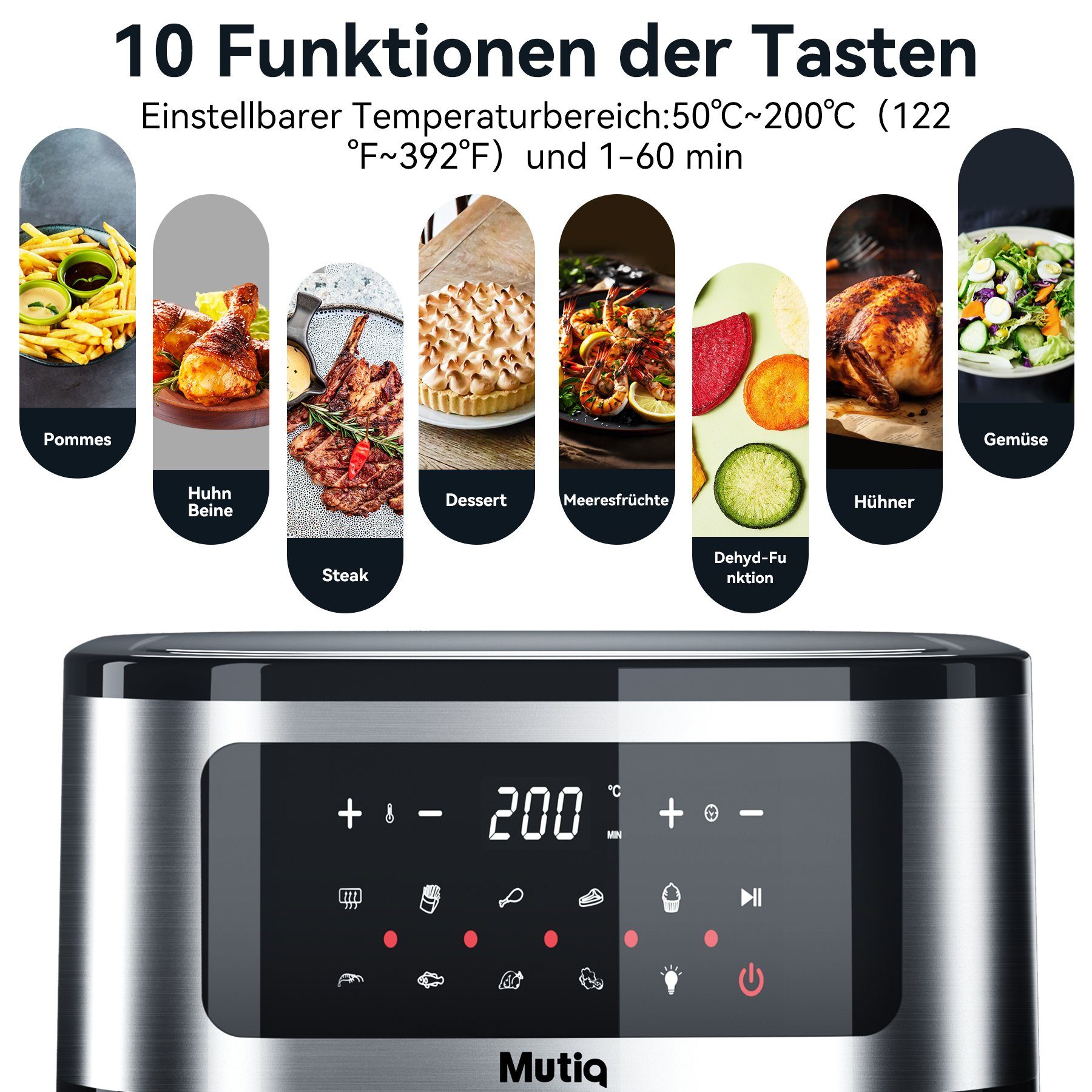Senmudi Heißluftfritteuse 7.5L Airfryer 10 Programme,LED Touchscreen friteuse, 1800,00 W, Präzise Temperaturregelung 50~200℃, Timer, Fritteuse ohne Öl