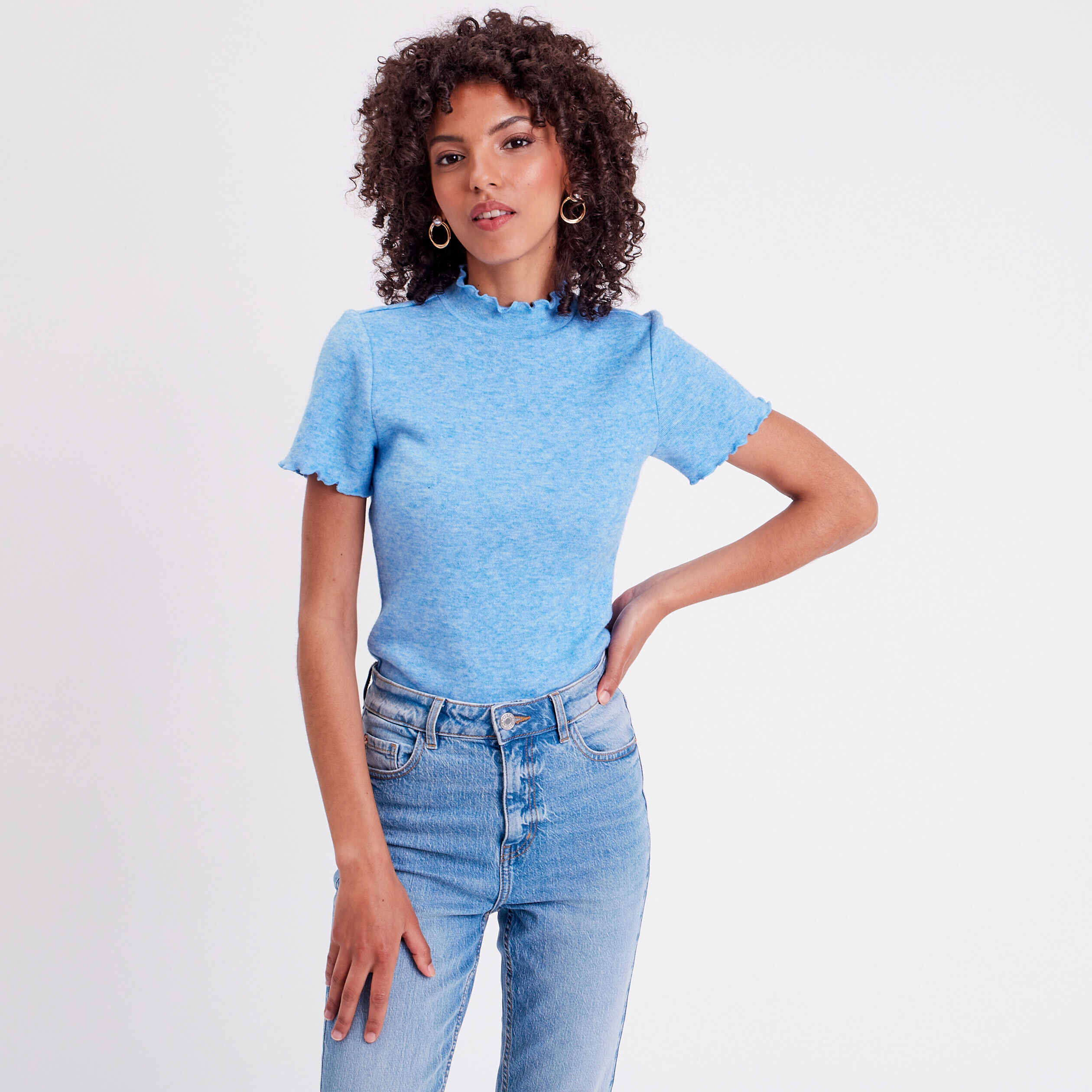 T-shirt col montant bord vague bleu roi femme | Cache Cache