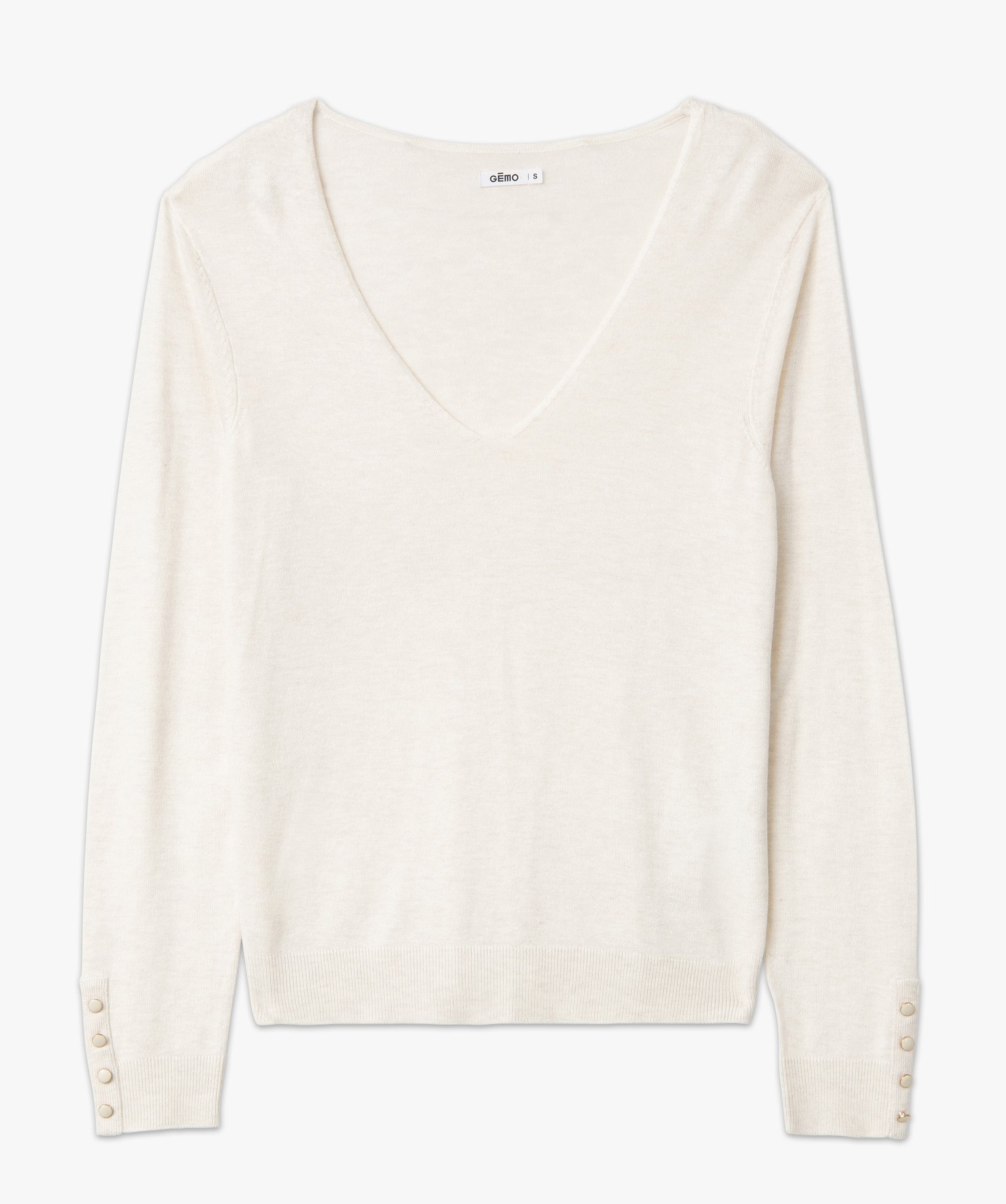 Pull en maille fine à col V et boutons fantaisie femme ecru | GEMO