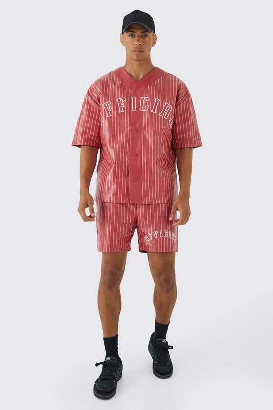 Kurzärmliges Oversize PU Baseball-Hemd & Shorts