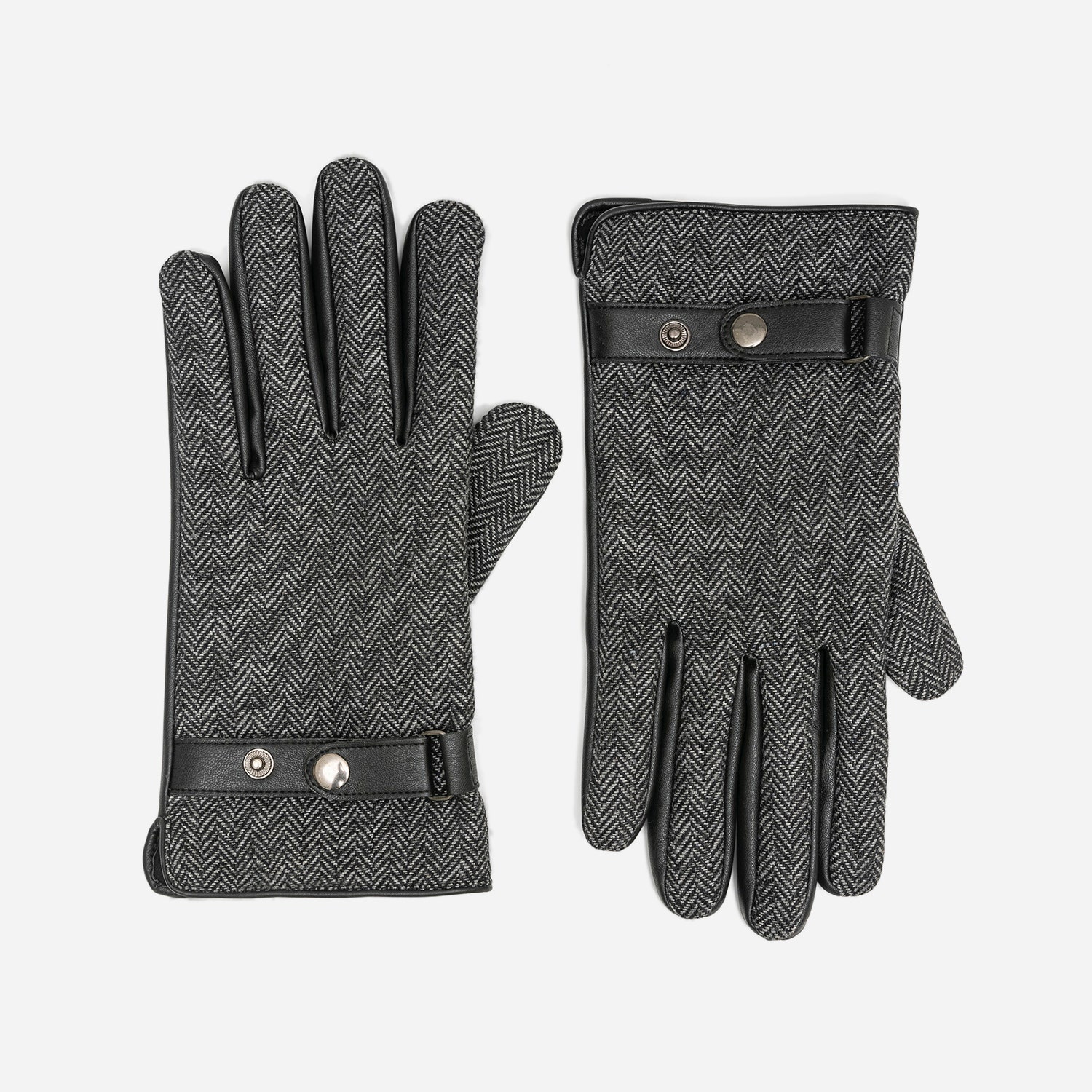 Gants gris bi-matière à motif chevrons