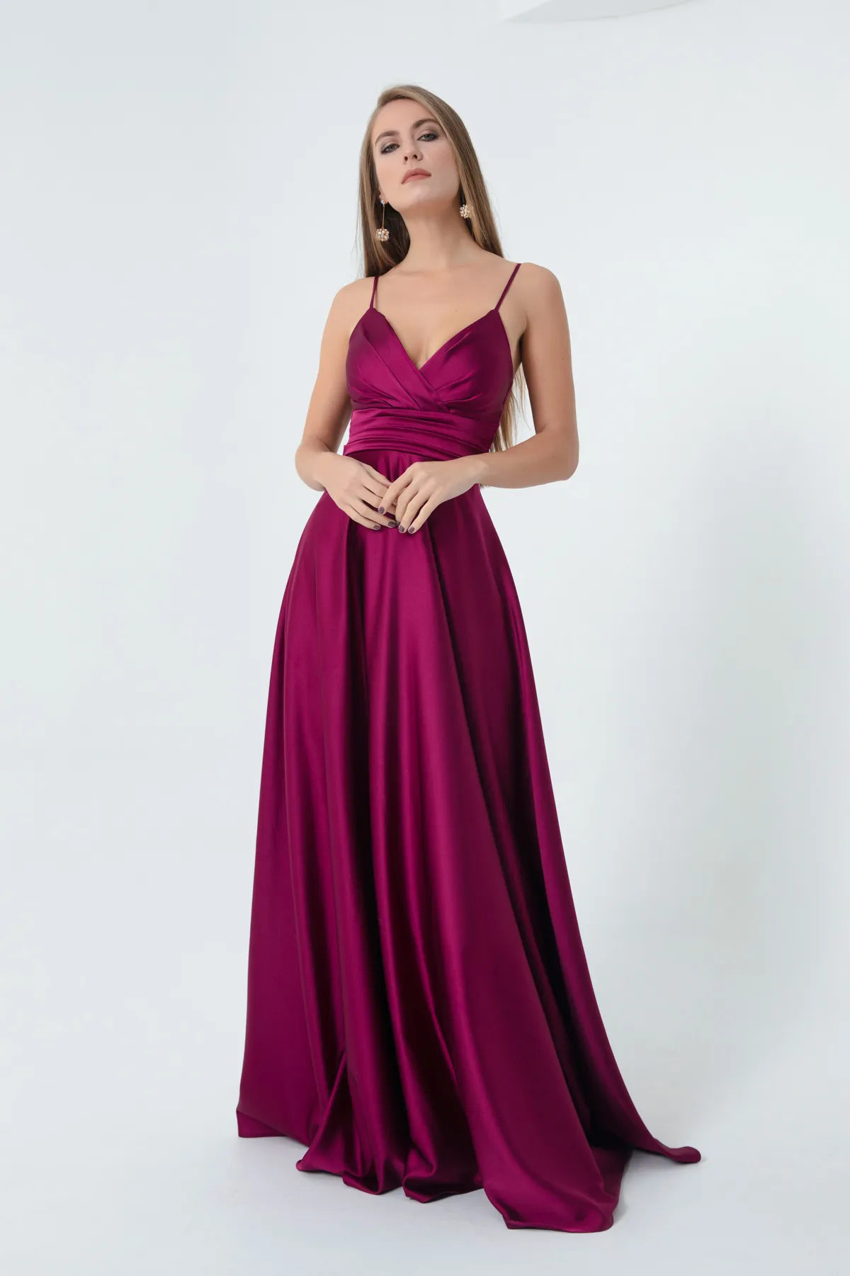 Lafaba  Pflaumenfarbenes langes Abendkleid und Abschlusskleid aus Satin mit Seilriemen und Taillengürtel für Damen