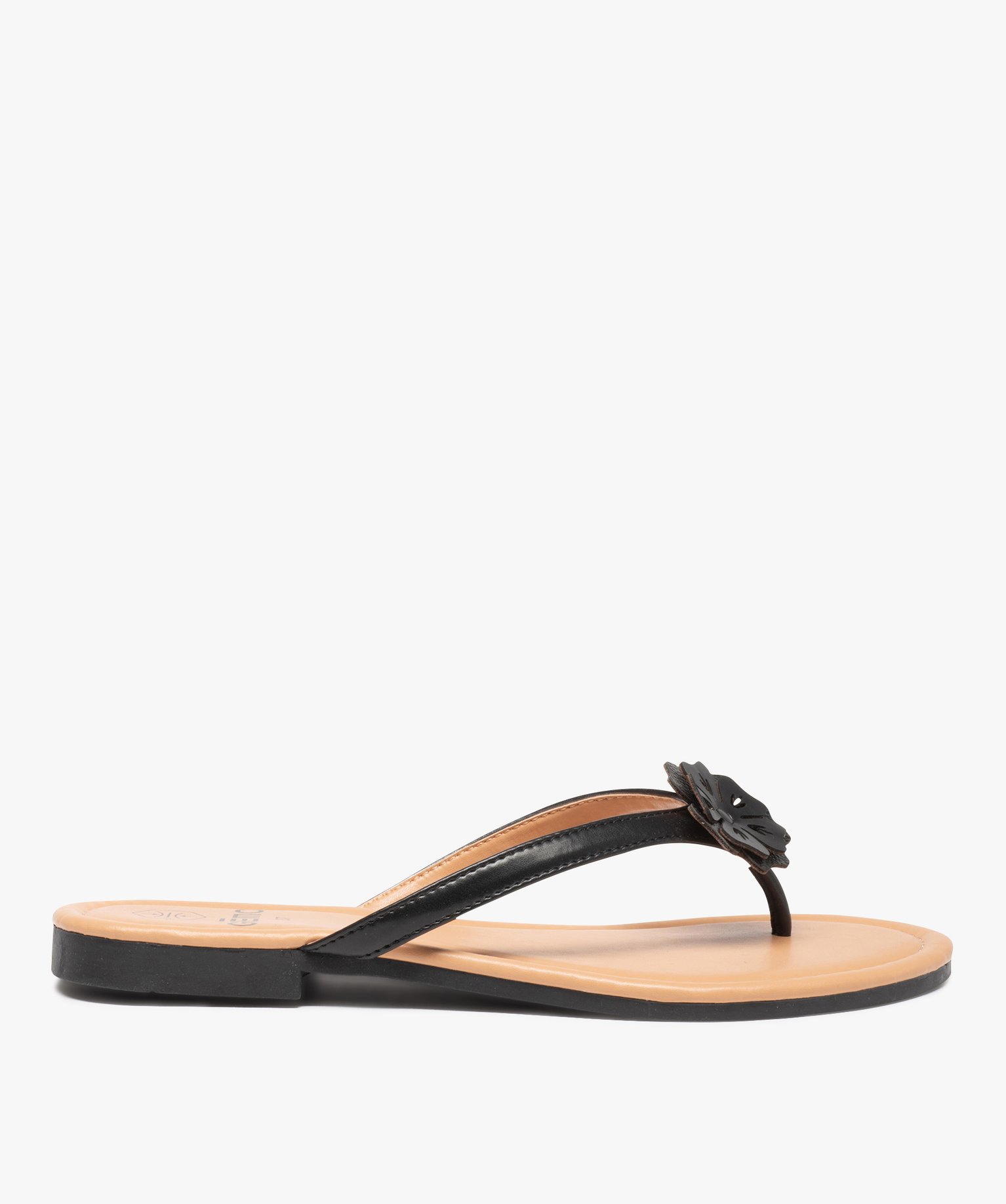 Tongs femme à petit talon plat et fleur sur l’entre-doigts noir | GEMO
