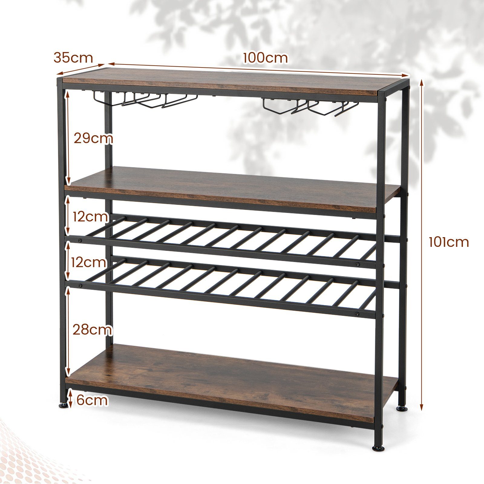 COSTWAY Weinregal, stehend, mit Glashalter & Regalen, Metall, 35x101x100cm