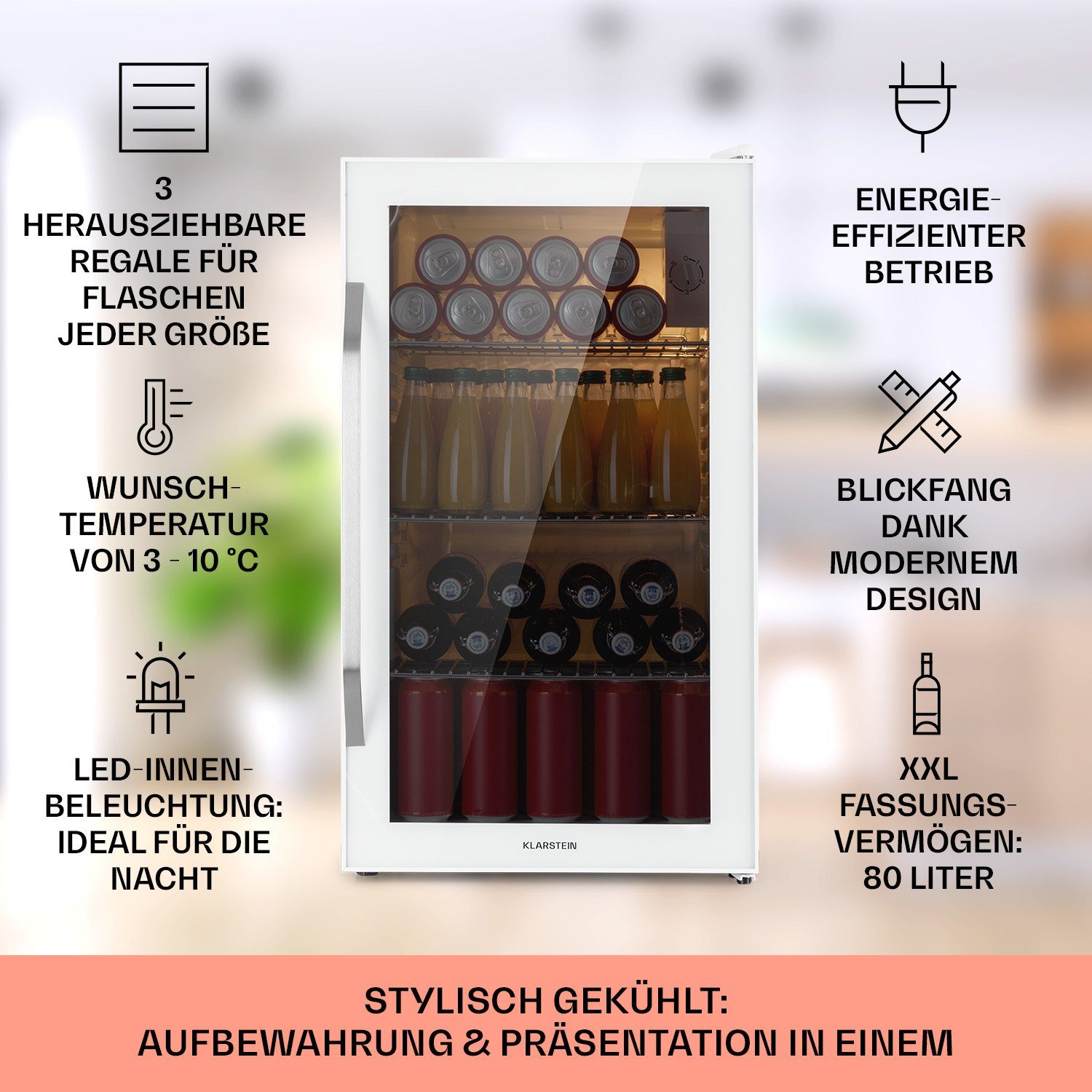Klarstein Getränkekühlschrank HEA-BeersafeXXL-Quar 10039427, 83 cm hoch, 47.5 cm breit, Bierkühlschrank Getränkekühlschrank Flaschenkühlschrank mit Glastür
