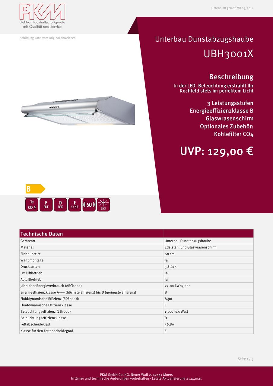 PKM Dunstabzugshaube UBH3001 X