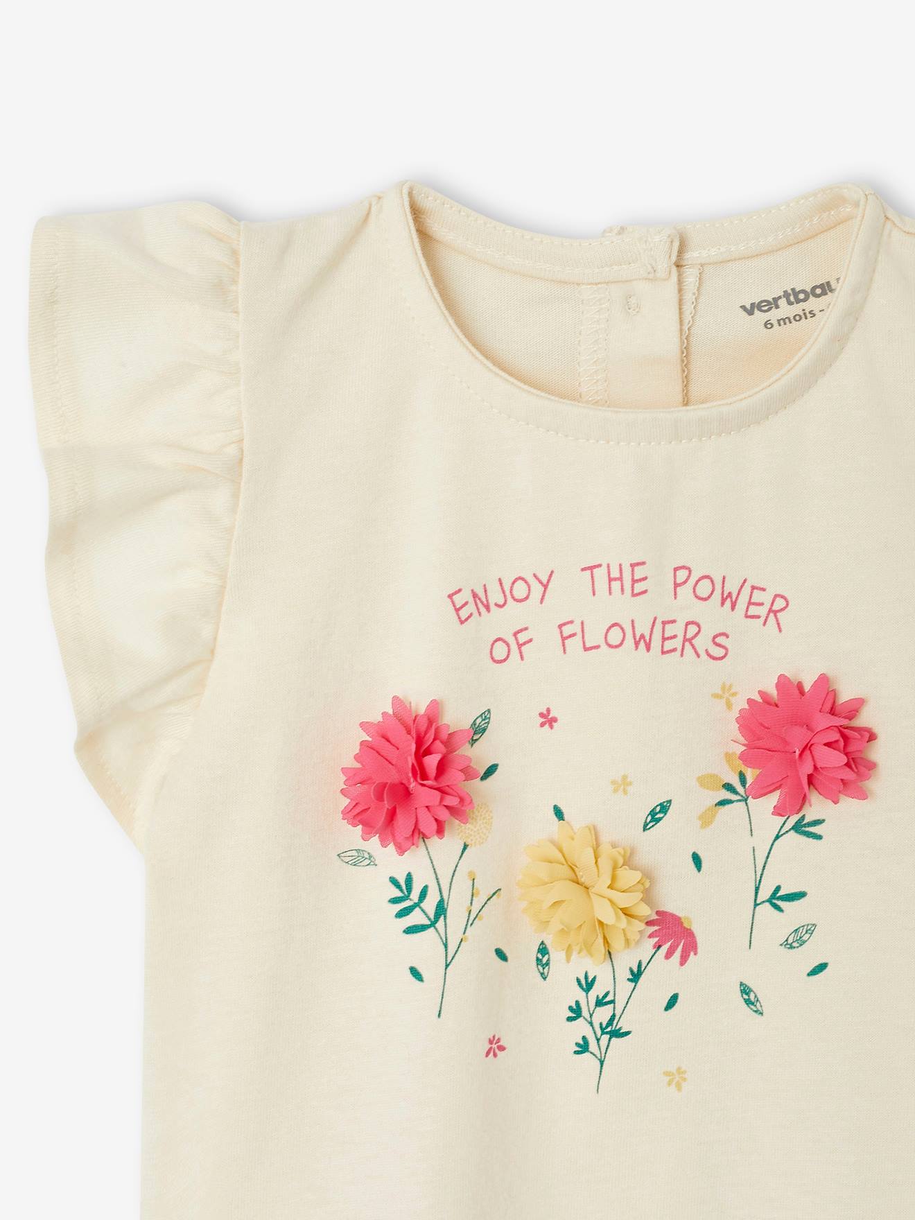 Vertbaudet Mädchen Baby T-Shirt, 3D-Blumen Oeko-Tex - wollweiß