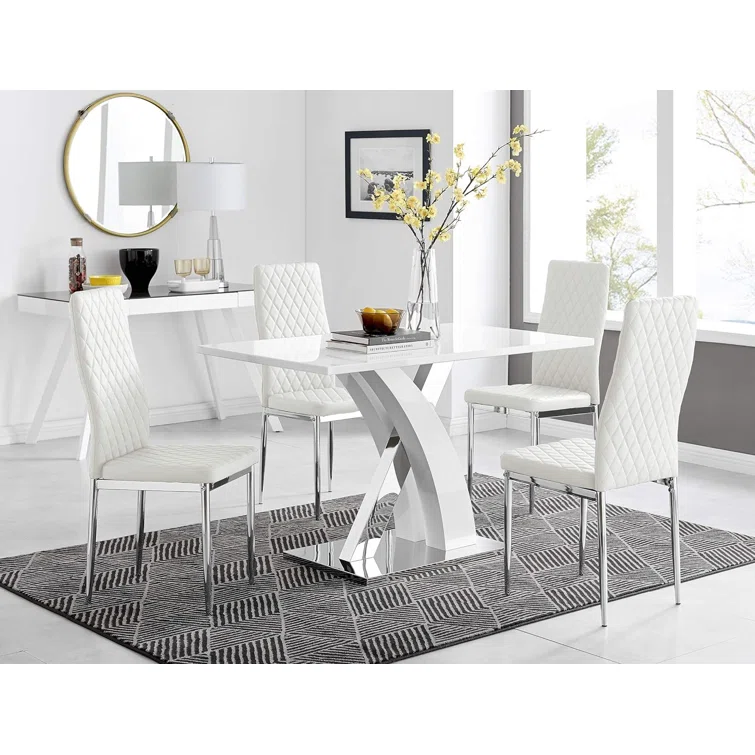 White High Gloss Dining Table Set with 4 Luxury Faux Leather Dining Chairs