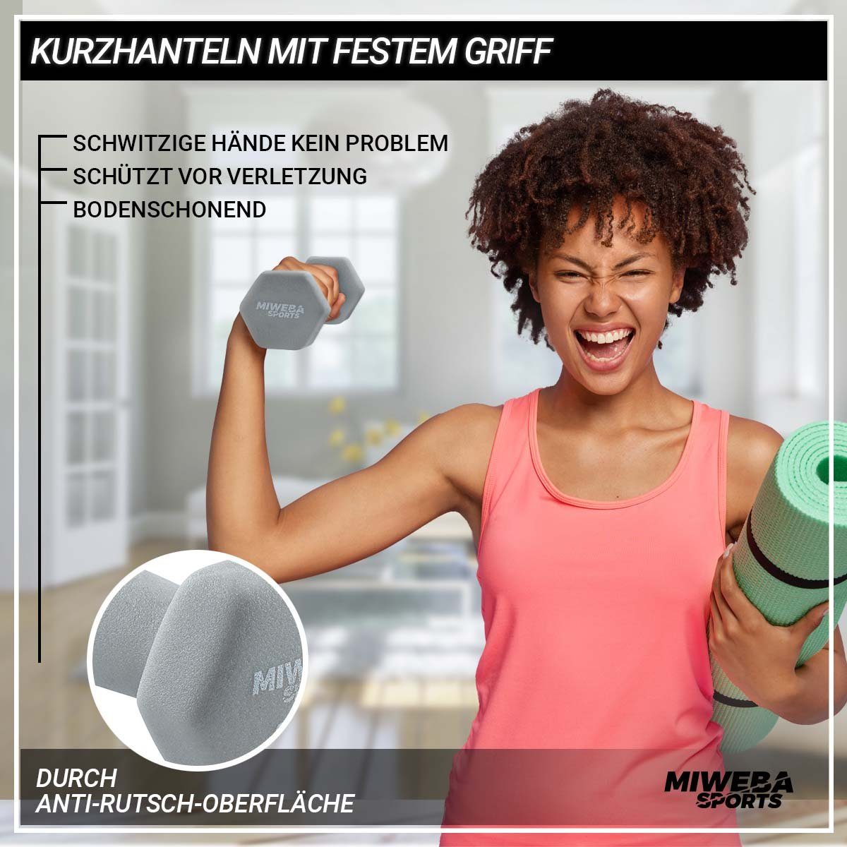 Miweba Sports Hantel-Set Premium Gymnastikhantel-Set NKH120 inkl. Hantelablage, (rutschfest - Fitness Sport Muskelaufbau Training Hantel Set Kurzhantelset Kettlebell Set, 1 kg - 2 kg - 3 kg, 3 Farben, Hexagon-Form, Neopren), Kurzhantel Aerobic Hantel
