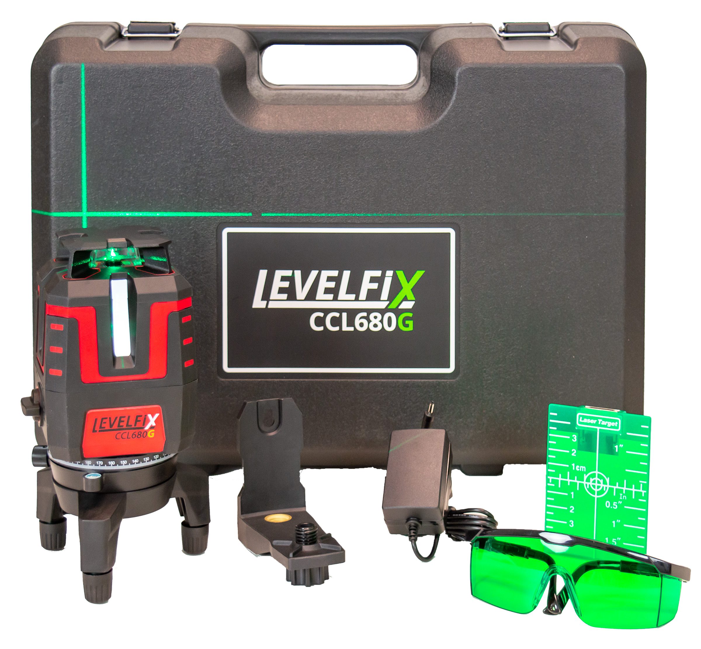 Levelfix 556356 CCL680G Laser de linhas cruzadas 360° verde - 360° horizontal, 4 linhas verticais e ponto de referência + receptor LLD200GR