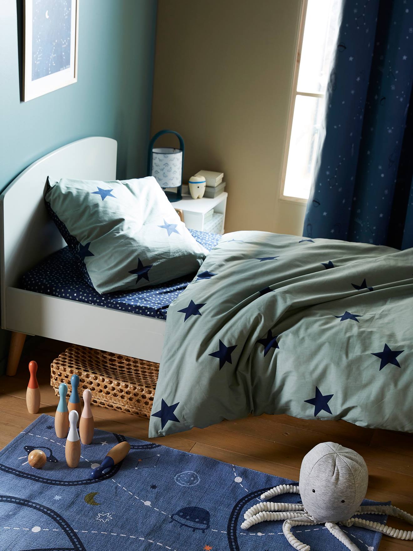 Parure housse de couette + taie d'oreiller enfant DREAM BIG basics kaki / étoiles marine