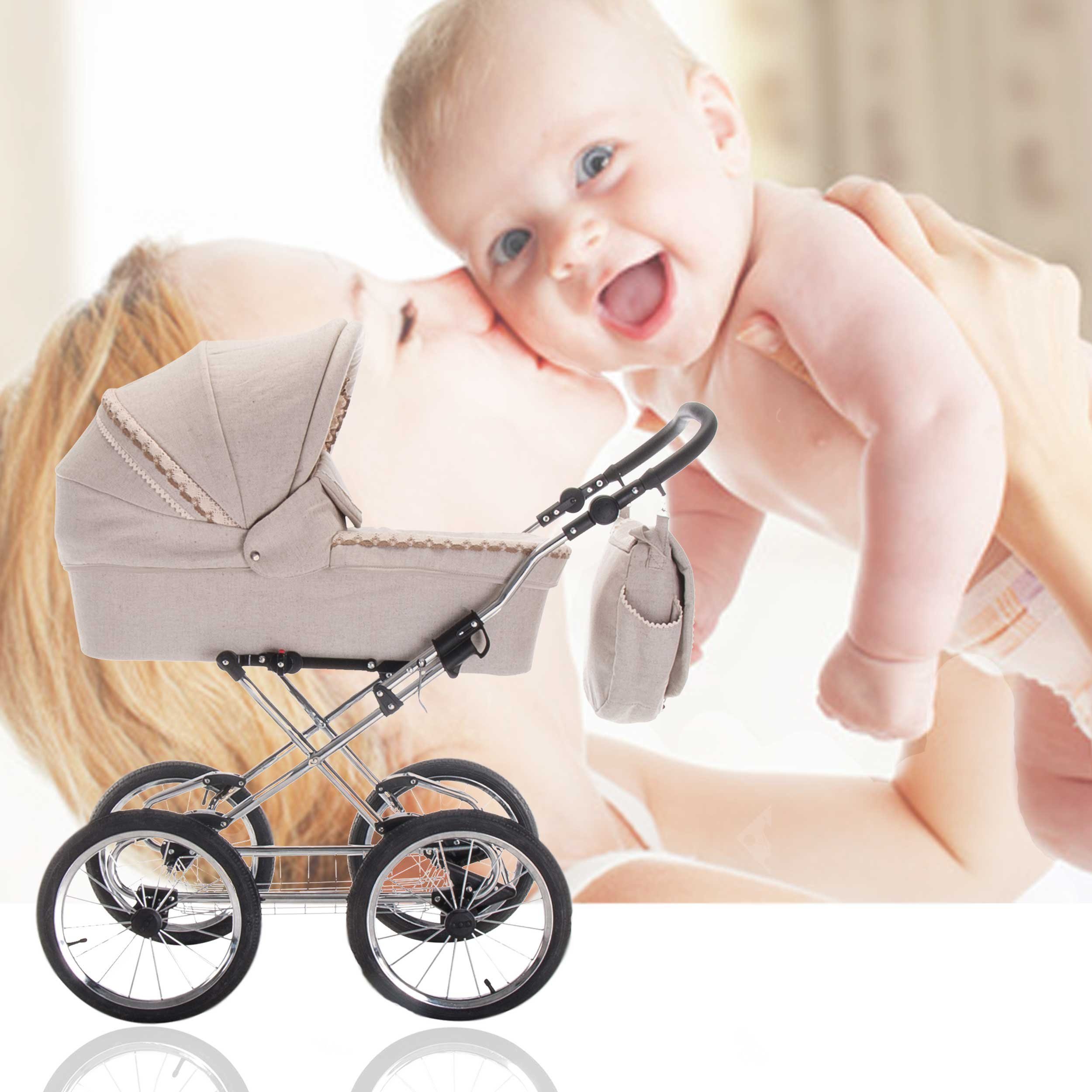 Friedrich Hugo baby's moving art Kombi-Kinderwagen Natureline, 3 in 1, Kombikinderwagen, Federung 4-fach, Liegeposition verstellbar, Kombihaube für Babywanne und Buggy, Fußverdeck, 78 x 37 cm (Länge x Breite), mehrstufig verstellbare Fußstütze, 5-Pun
