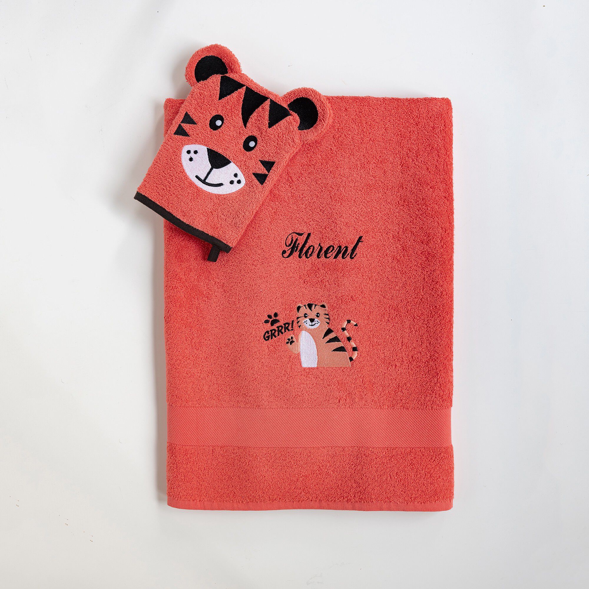 Collection éponge enfant brodée tigre personnalisable coton