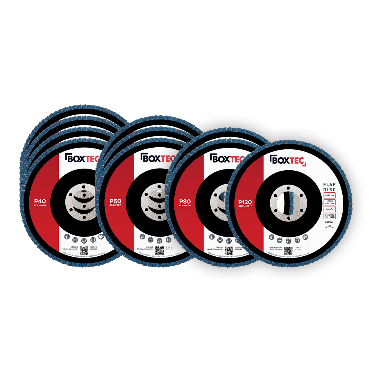 BOXTEC Profi-Fächerscheiben BLAU 125mm INOX Lamellenscheiben Schleifscheiben 10er Pack MIX-Set