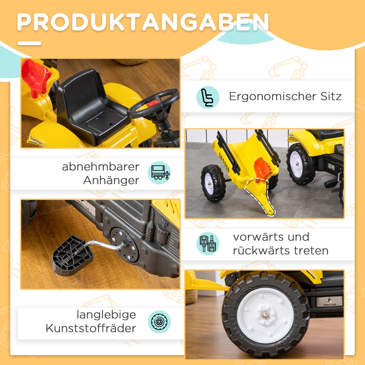 HOMCOM Trettraktor mit Anhänger Tretauto Traktor ab 3 Jahre Kinder Gelb