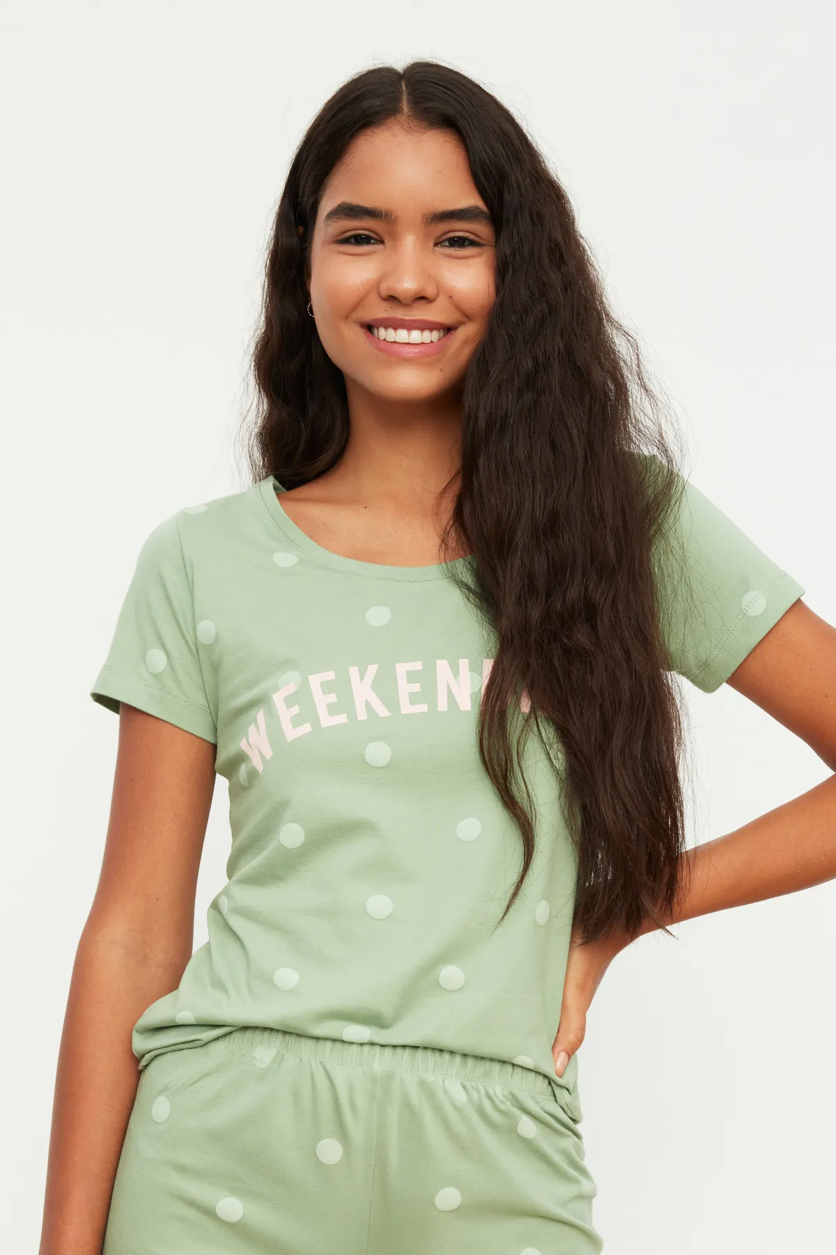 Trendyol Collection  Mintfarbenes gestricktes Pyjama-Set mit gepunkteten T-Shirts und Shorts aus Baumwolle THMSS20PT0215