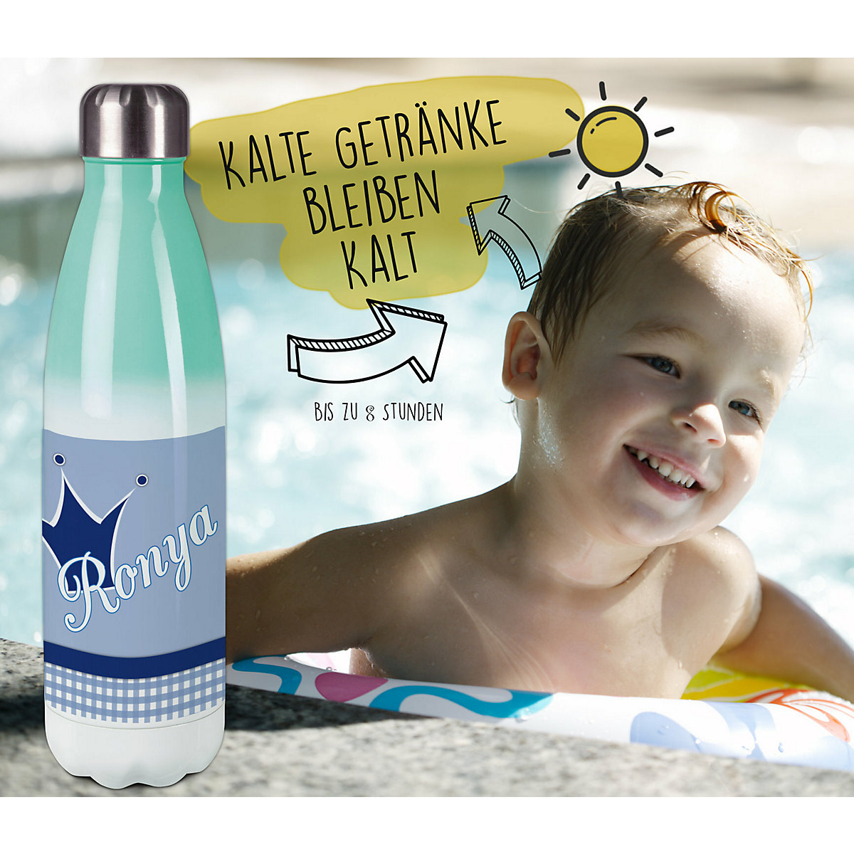 Edelstahl Kinder Thermoflasche / Trinkflasche bunt Krone Farbe blau Spülmaschinenfest, Auslaufsicher, Bruchfest, Doppelwandig, Für Heißgetränke geeignet, Mit Deckel, Isoliert