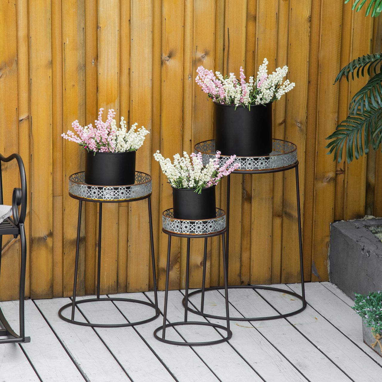 Outsunny Blumenständer 3er Set aus Metall Pflanzenständer Set Blumenhocker Blumentopfhalter Pflanzenhocker für Blumentopf Stapelbar Kaffee Silber