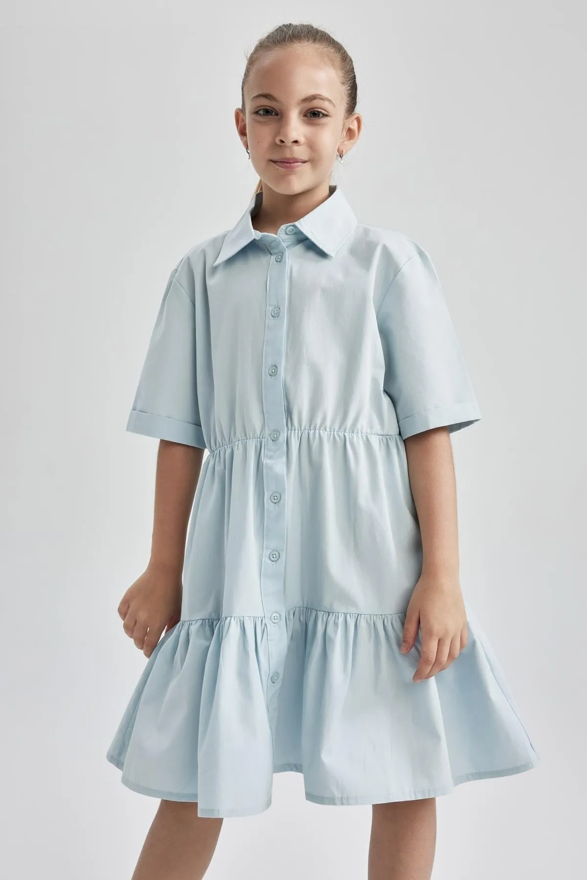 DeFacto  Kurzarm-Midikleid aus Baumwollpopeline mit normaler Passform und Hemdkragen für Mädchen