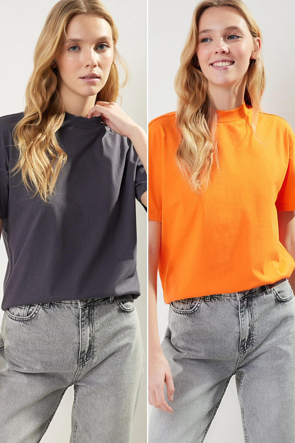 Trendyol Collection  Anthrazit-Orange 2er-Pack Basic-Strick-T-Shirt mit Stehkragen TWOSS20TS1500
