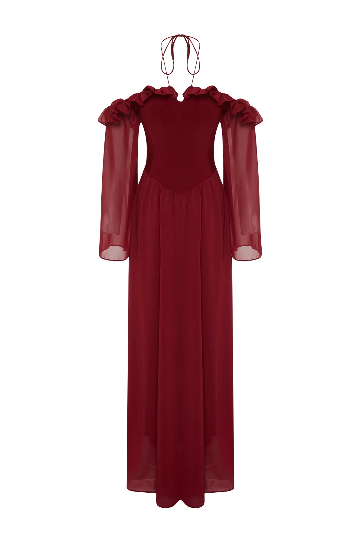 Trendyol Collection  Langes Abendkleid aus Burgunderrot mit Taillenöffnung/Skater-Chiffon TPRSS24AE0016