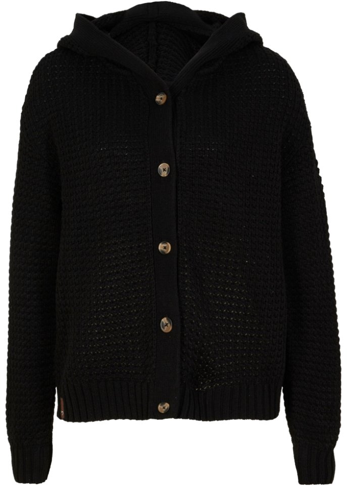 Strickjacke mit großen Knöpfen und Kapuze