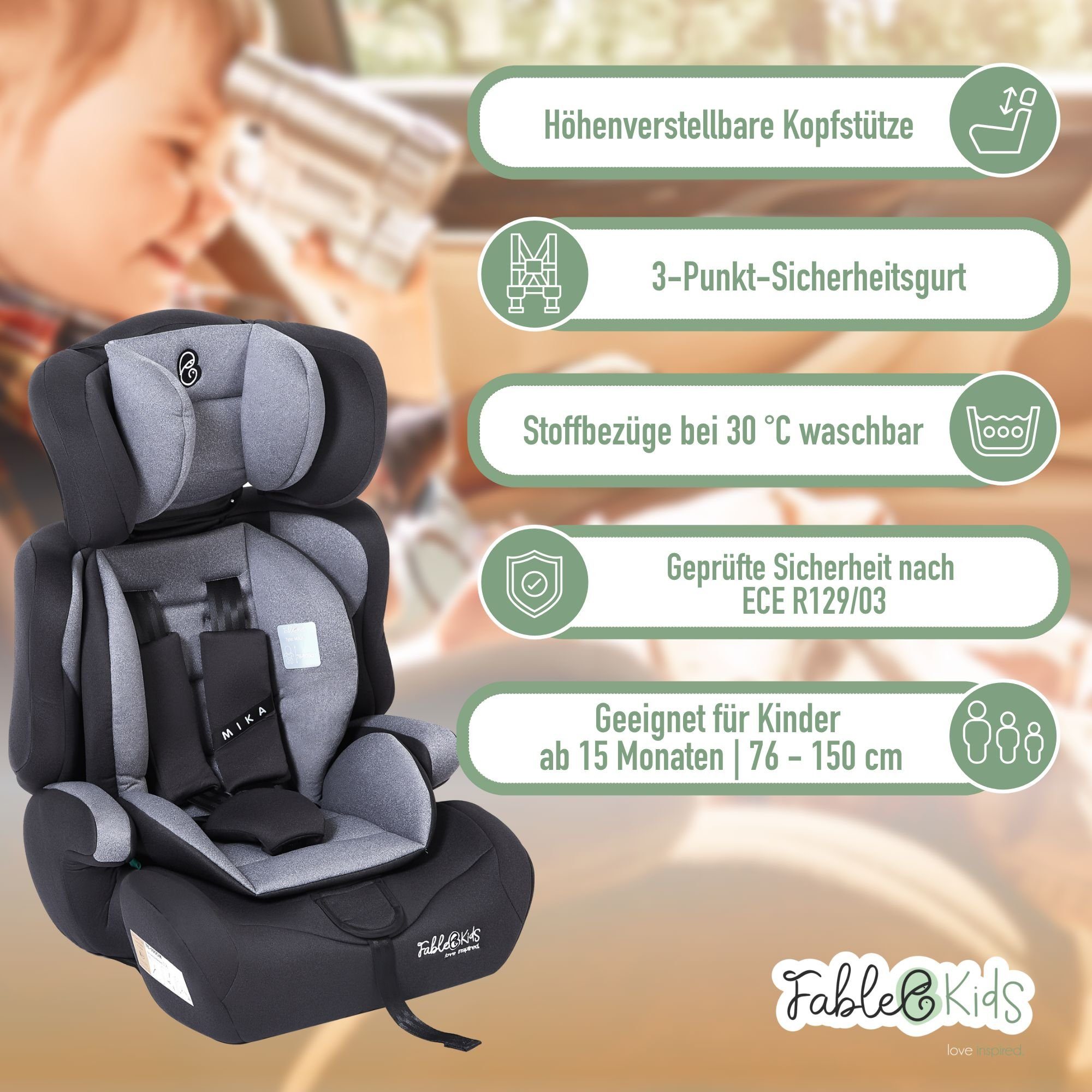 FableKids Autokindersitz Kinderautositz Kindersitz Körpergröße von 76-150 cm ECE R129/03, ab: 15 Monaten, bis: 12 Jahre, ab: 9,00 kg, bis: 36,00 kg, Vorwärtsgerichtet