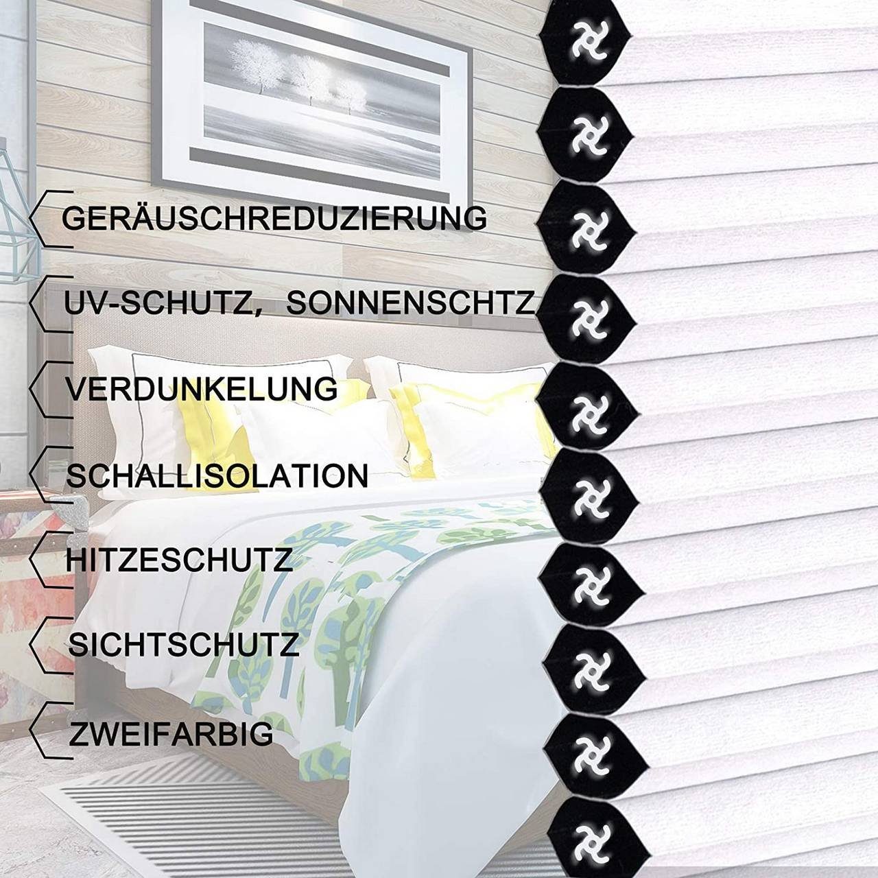 Plissee, Woltu, verdunkelnd, Klemmfix, verspannt, Wabenplissees ohne Bohren