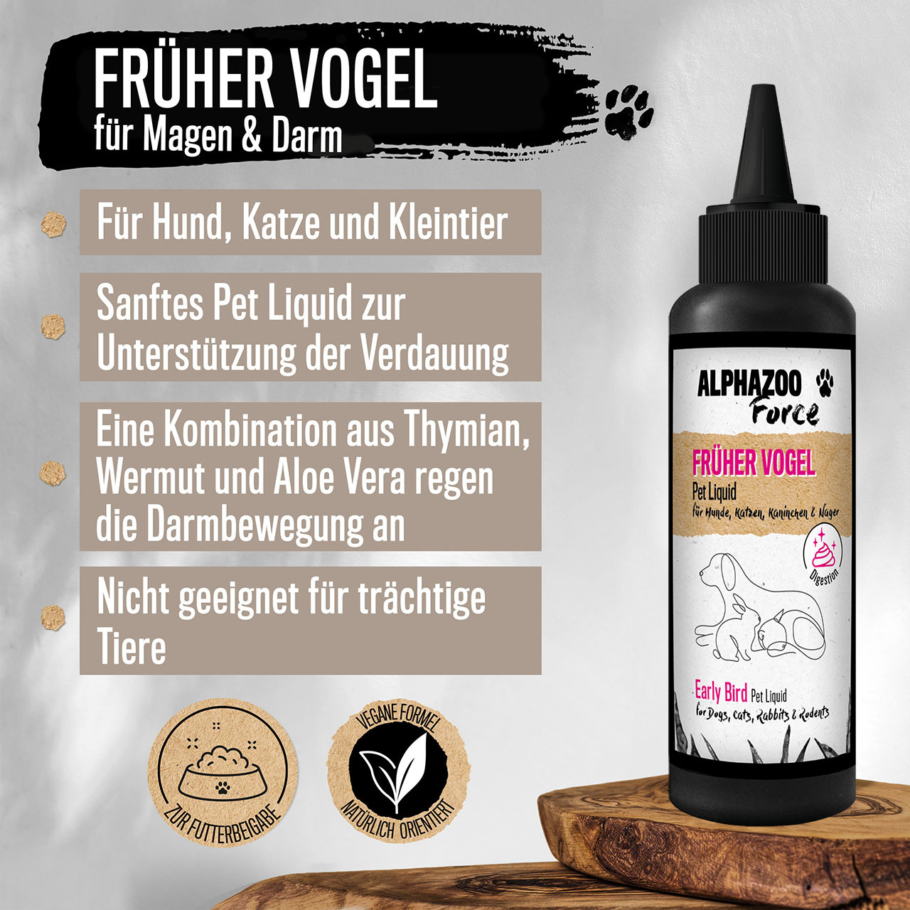ALPHAZOO Ergänzungsfutter & Aufzucht ALPHAZOO Früher Vogel Magen & Darm Pet Liquid für Hunde, Katzen und Nagetiere