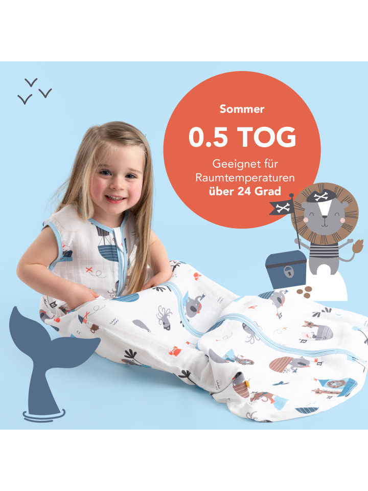 Schlummersack Musselin Babyschlafsack, 0.5 TOG in Hellblau-Rot günstig kaufen