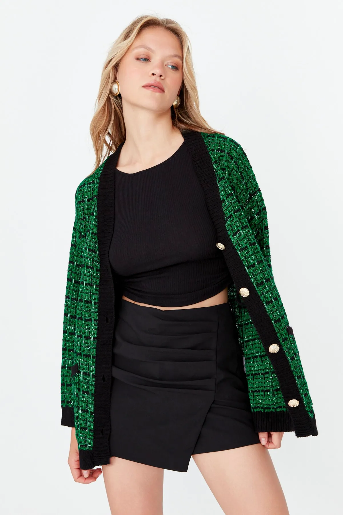 Trendyol Collection  Grüner, glitzernder Strickcardigan in Tweed-Optik mit weiter Passform TWOAW21HI0250