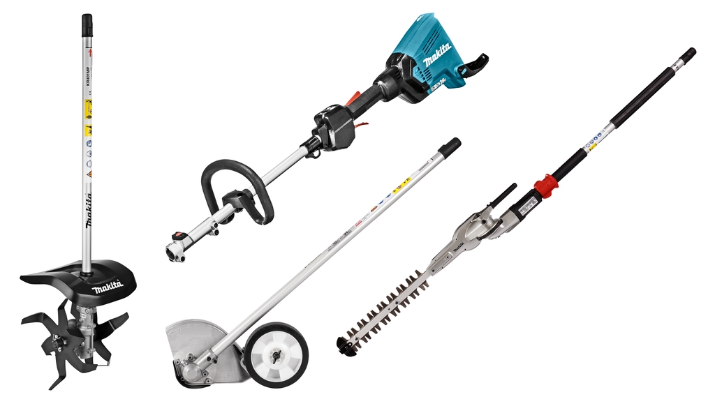 Makita DUX60ZX14 Akku-kombinationssystem med D-greb, 2 x 18V ekskl. batterier og oplader + Kultivator, buskrymmer og kanttrimmertilbehør