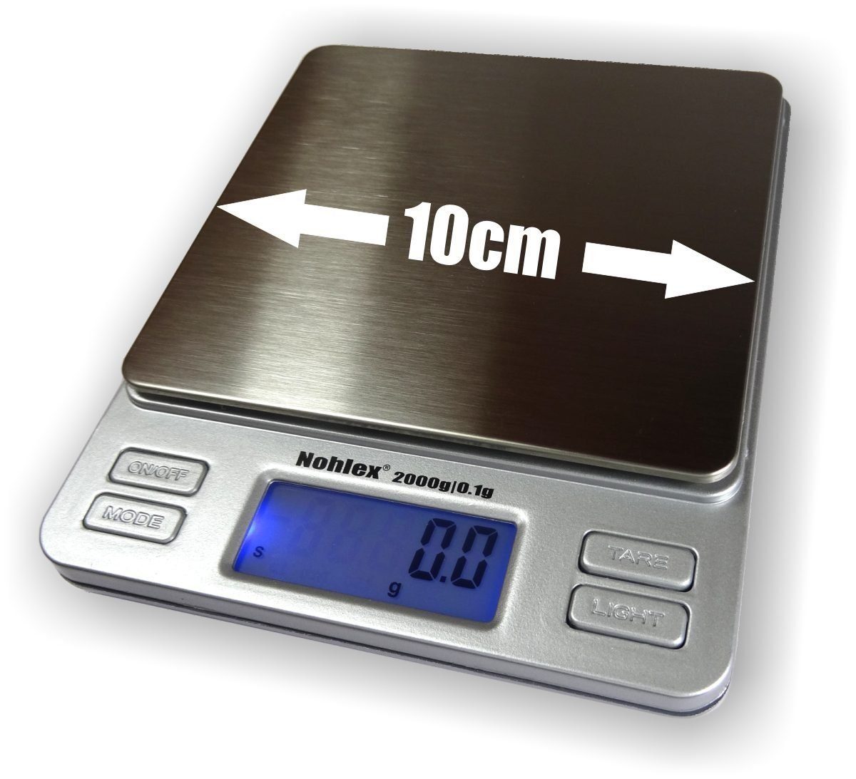 NOHLEX Küchenwaage Nohlex 2000g/0.1g Feinwaage für die Küche mit 2 Wiegeschalen. Edelstahl Plattform. Tara Funktion. Inkl. Batterien, LCD Display