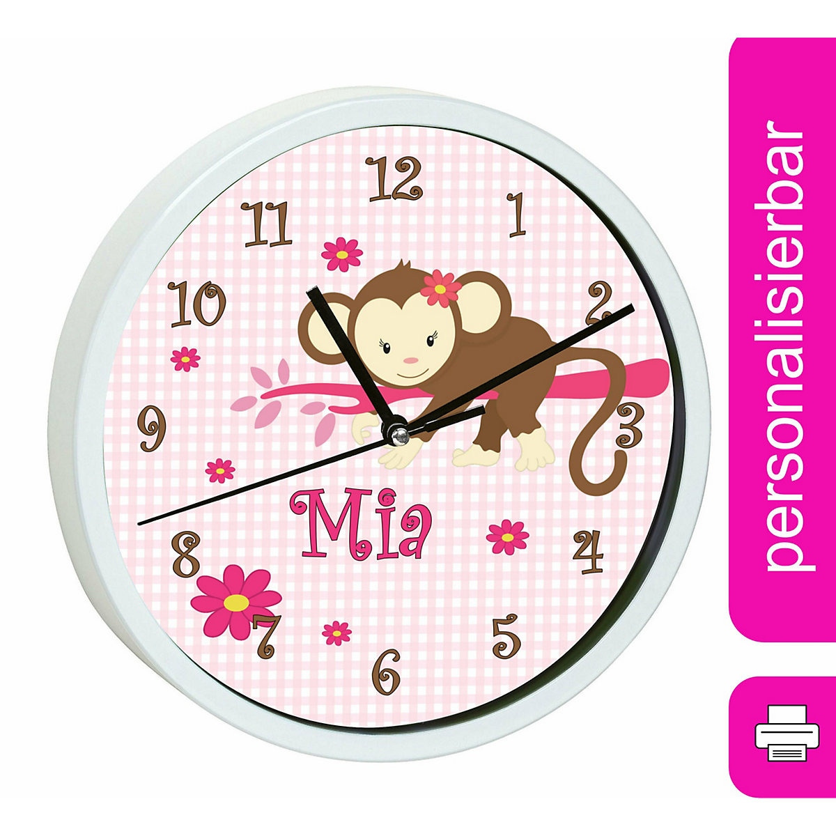 Kinder Wanduhr personalisiert mit Name Affe hängend Rosa
