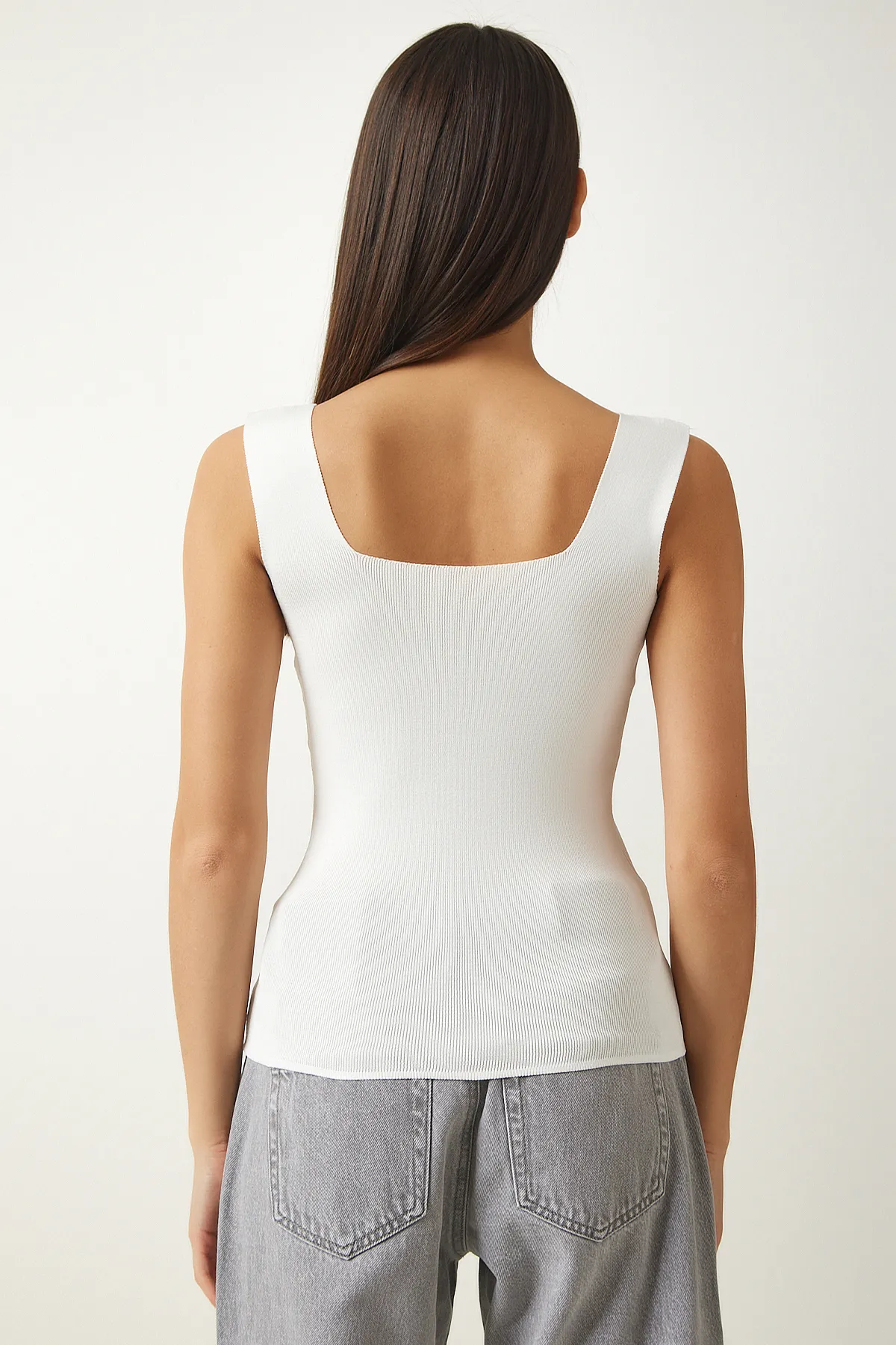Happiness İstanbul  Weiße Damen-Strickbluse mit quadratischem Kragen, kurz geschnitten, US00358