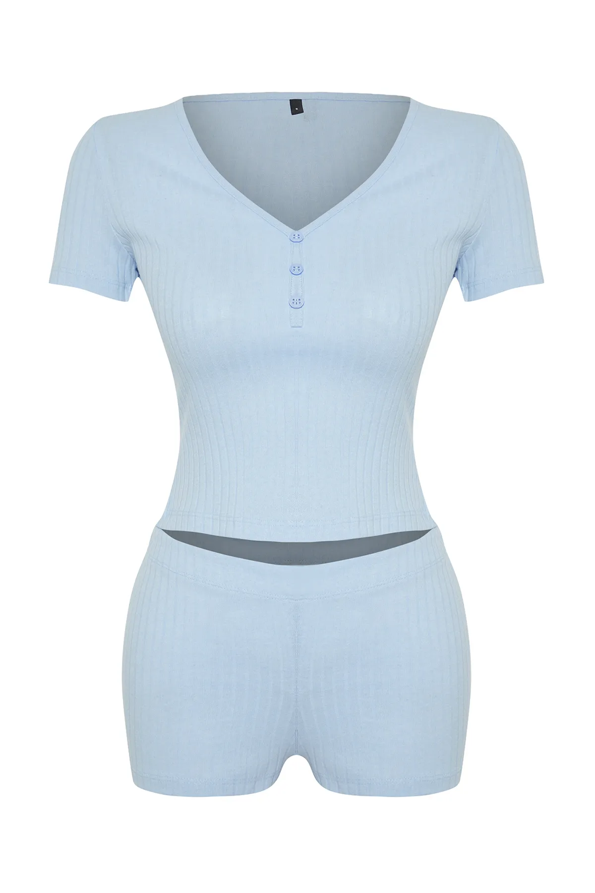 Trendyol Collection  Hellblaues Pyjama-Set aus Rippstrick mit Knopfleiste THMSS24PT00097