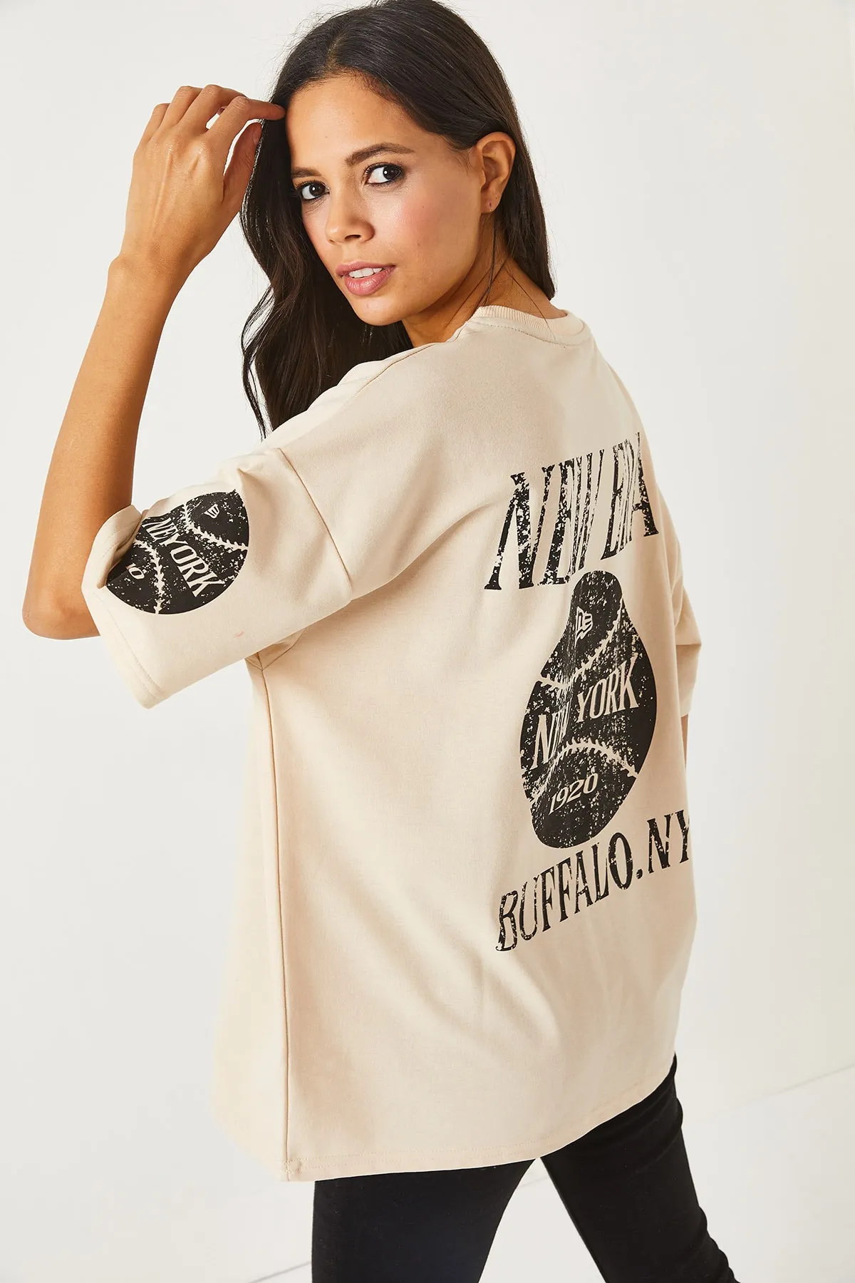 Olalook  Newyork Beige vorne und hinten bedrucktes 2-Faden-Unisex-Oversize-T-Shirt TSH-19000696