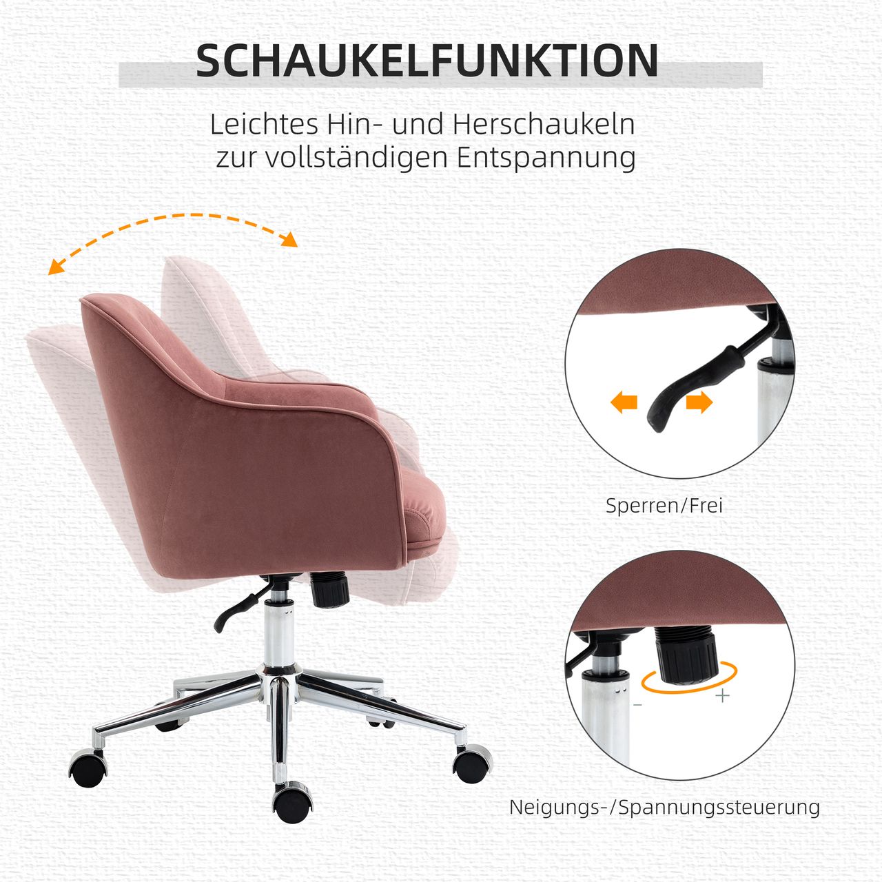 Vinsetto Bürostuhl mit Wippenfunktion Samt-Touch-Polyester Nylon Rot 61 x 59 x 80,5-90,5 cm