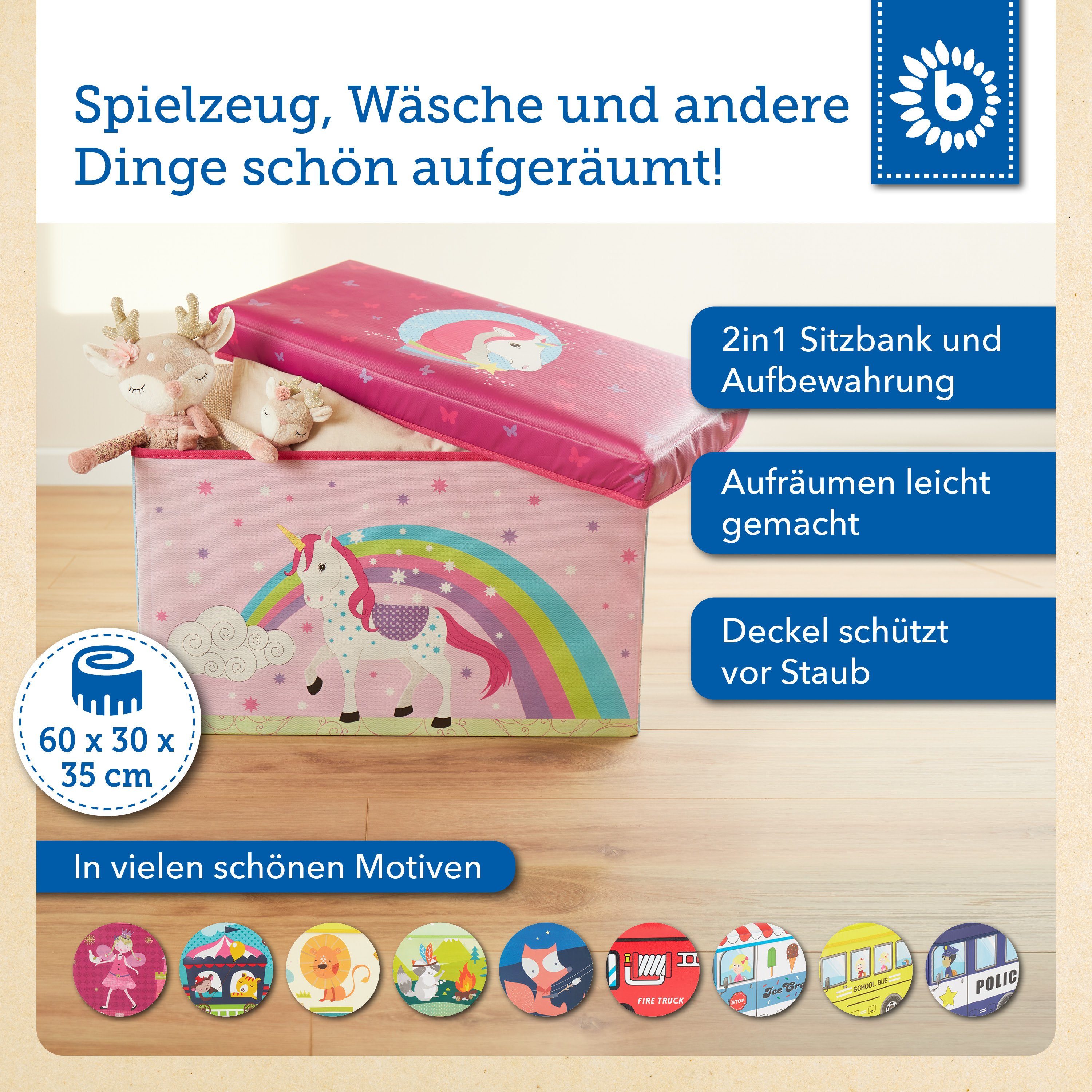 BIECO Spielzeugtruhe Bieco Aufbewahrungsbox mit Deckel Einhorn 60L, faltbar ca. 60x30x35cm Spielzeugkiste mit Deckel Aufbewahrungsbox Kinder Kisten mit Deckel Aufbewahrungsbox Groß Wickeltisch Organizer