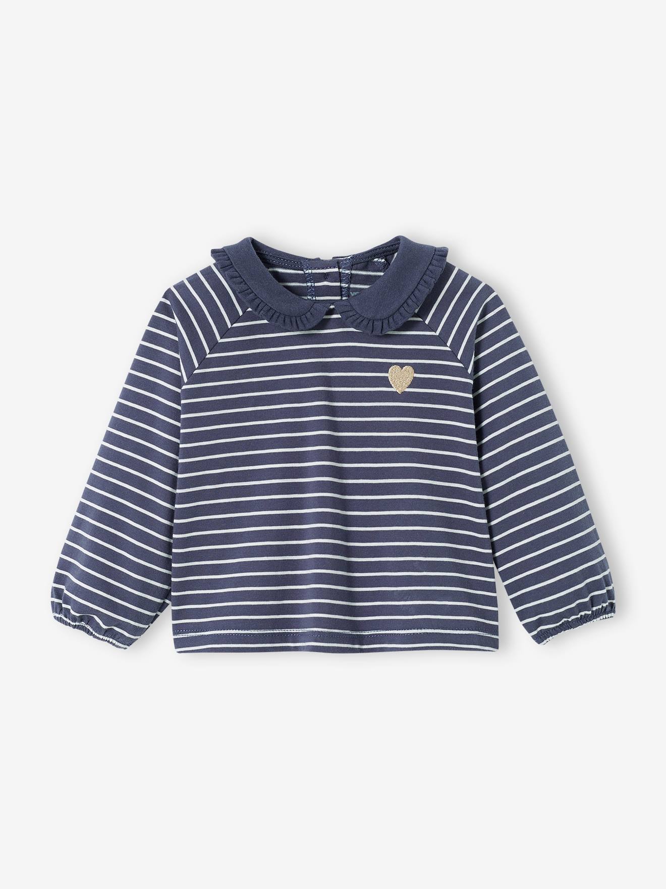 Vertbaudet Baby-Set: Samt-Shorts, Shirt & Haarband - dunkelblau gestreift
