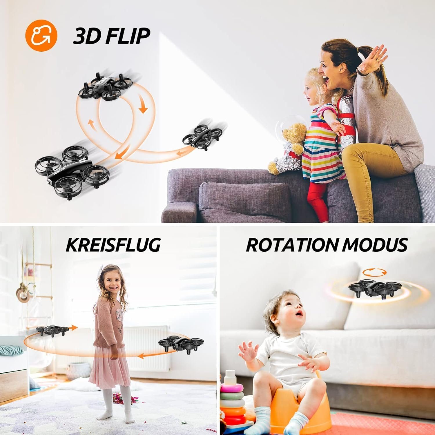Tomzon Kinderdrohne mit Kamera, Anfängerdrohne unter 100g für Indoor Drohne (1080P HD, mit 3AkkusLangeFlugzeitPropellerschutzRotation Geschenk Jungen Mädchen)
