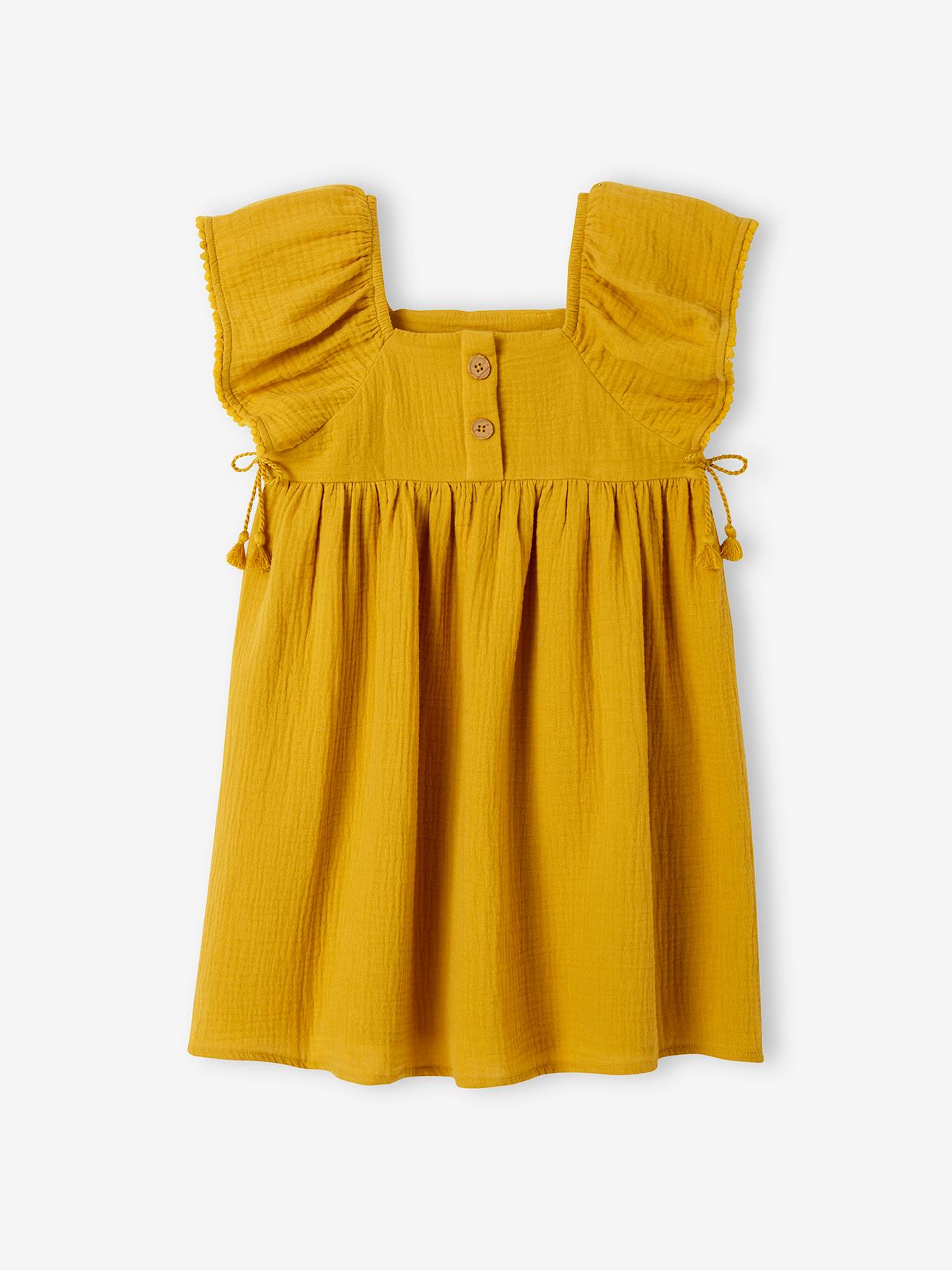 Robe en gaze de coton détails fantaisie fille moutarde