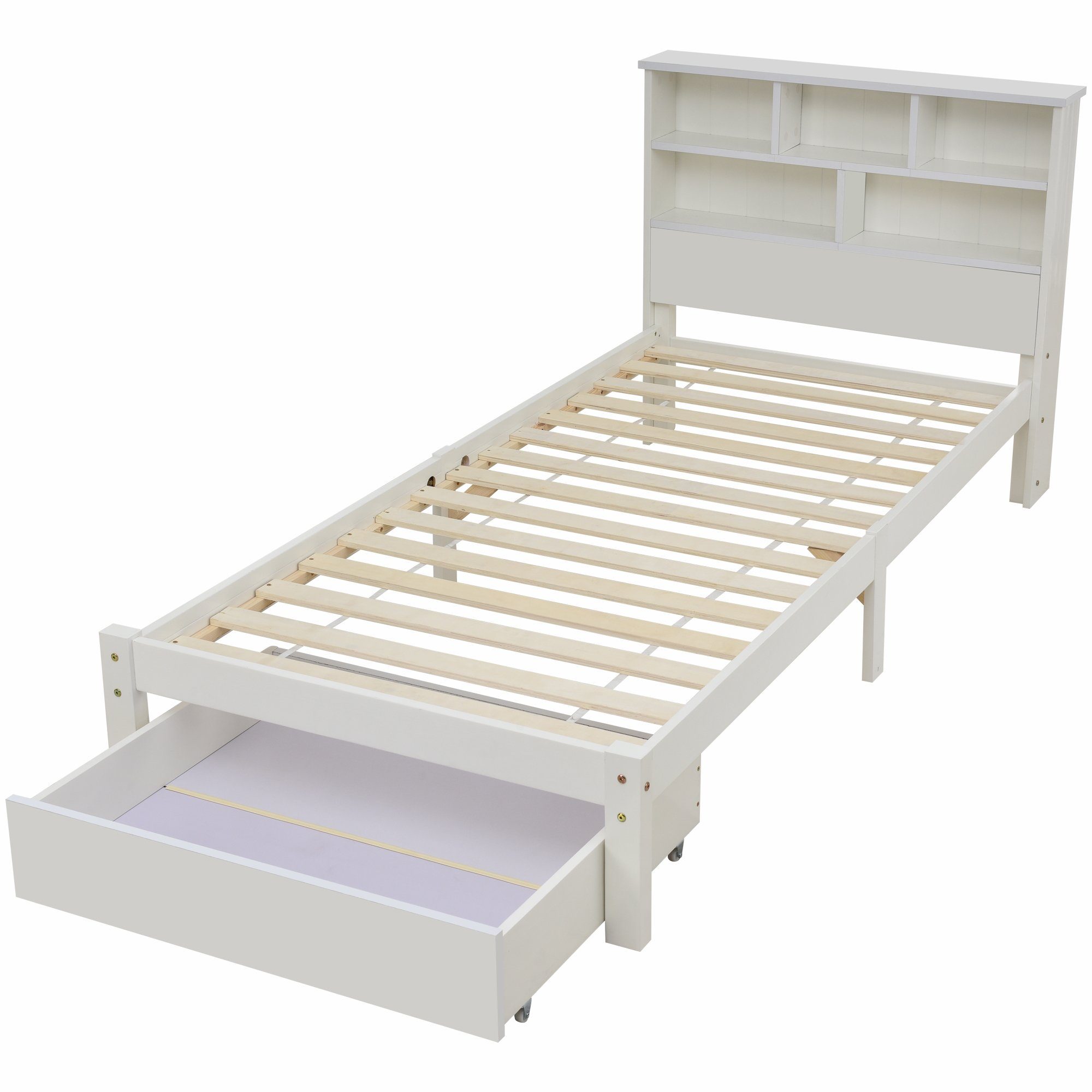 Ulife Massivholzbett Weiß Doppelbett /Einzelbett mit Schubladen und Bücherregal Kopfteil, 140 × 200cm