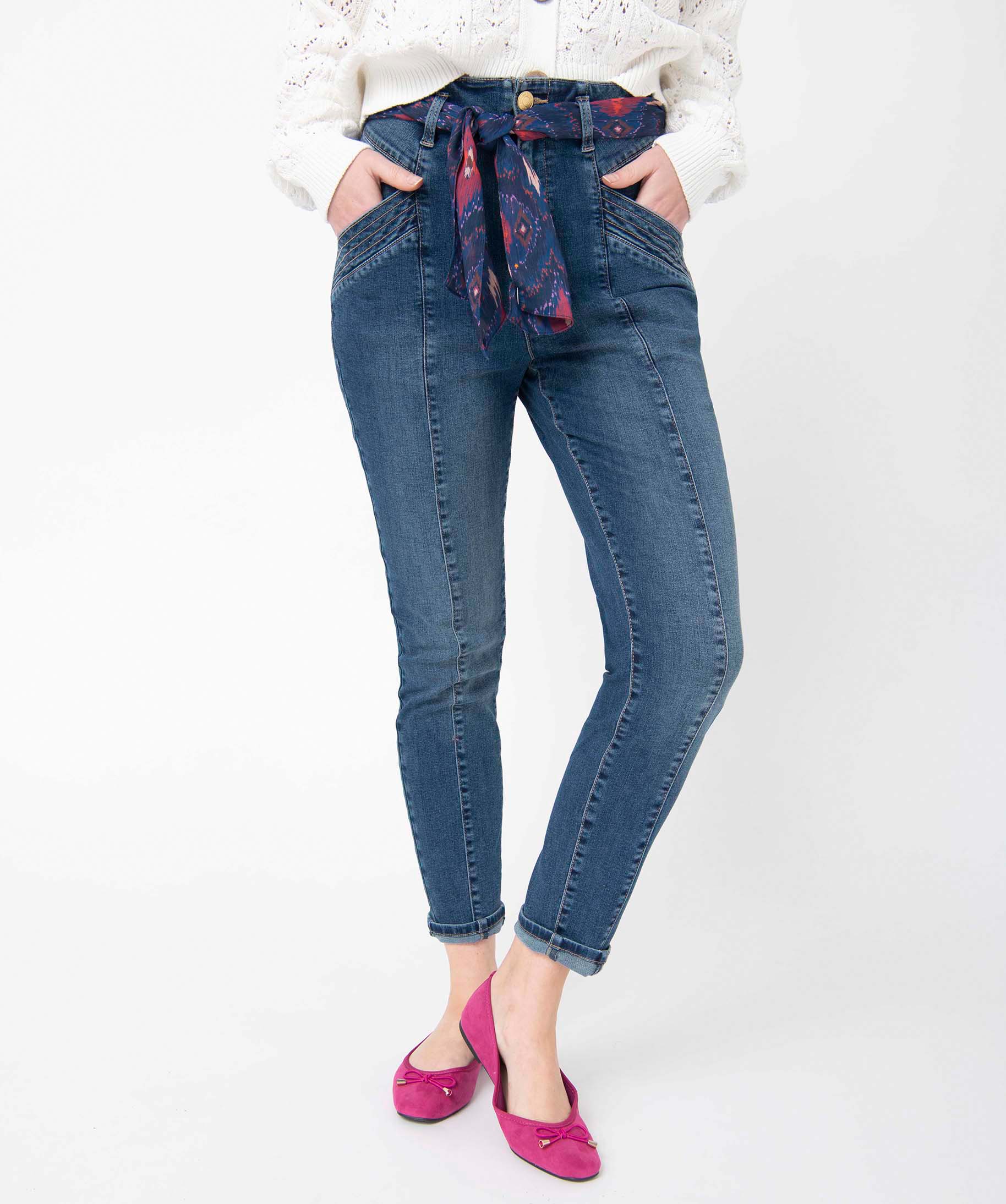 Jean femme taille haute avec surpiqres et ceinture foulard stone | GEMO