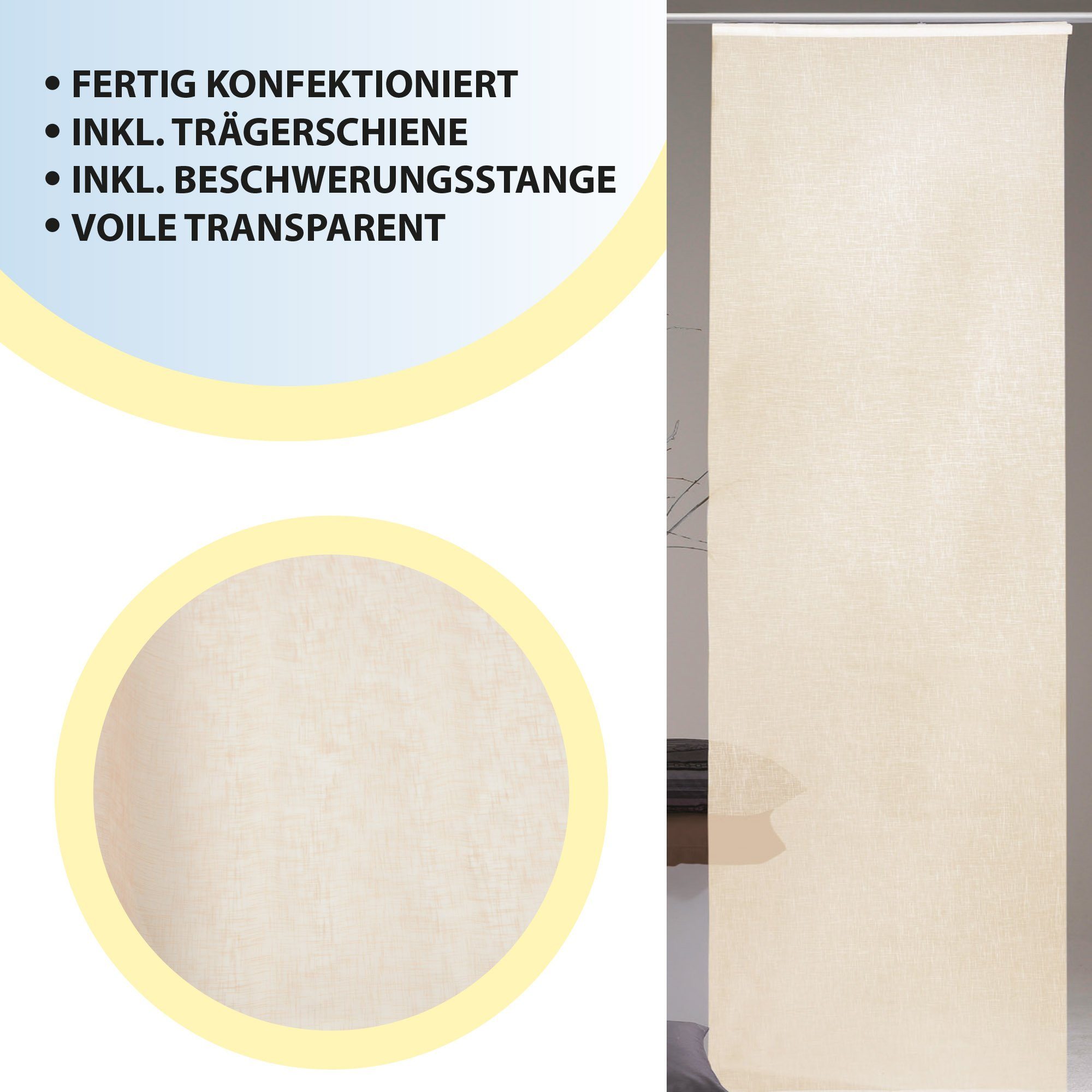 Schiebegardine Desiré, Arsvita, Klettband (1 St), transparent, Flächenvorhang 60 x 245 cm (B x H), inkl. Beschwerungsstange / Paneelwagen - Schiebevorhang