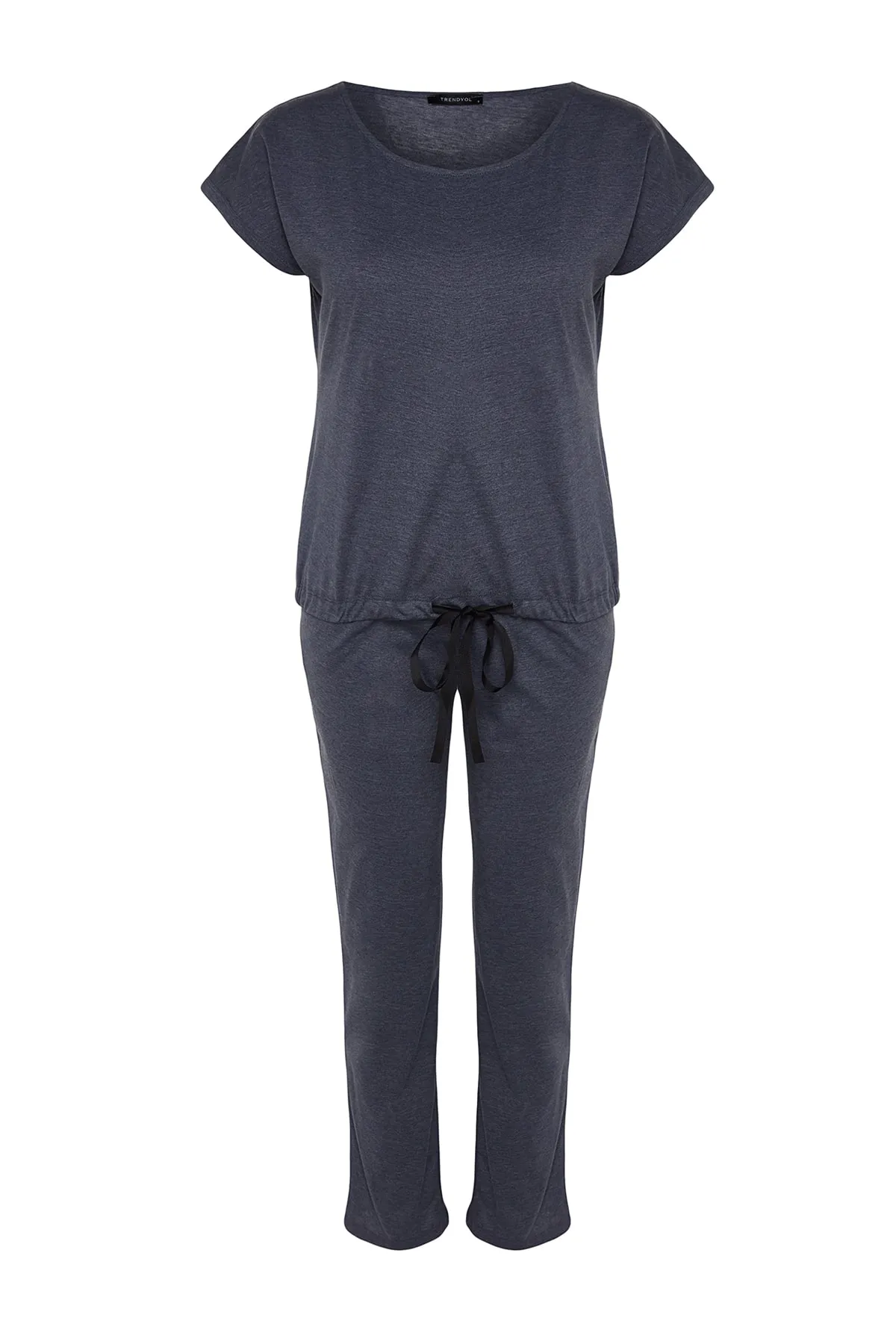 Trendyol Collection  Marineblaues Strick-Pyjama-Set mit Krawatte, T-Shirt und Hose aus Baumwolle THMSS20PT0068